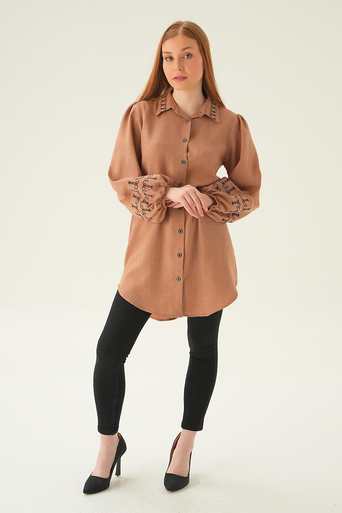 26024 Balon Kol Nakış Detay Tunik Vizon - 3