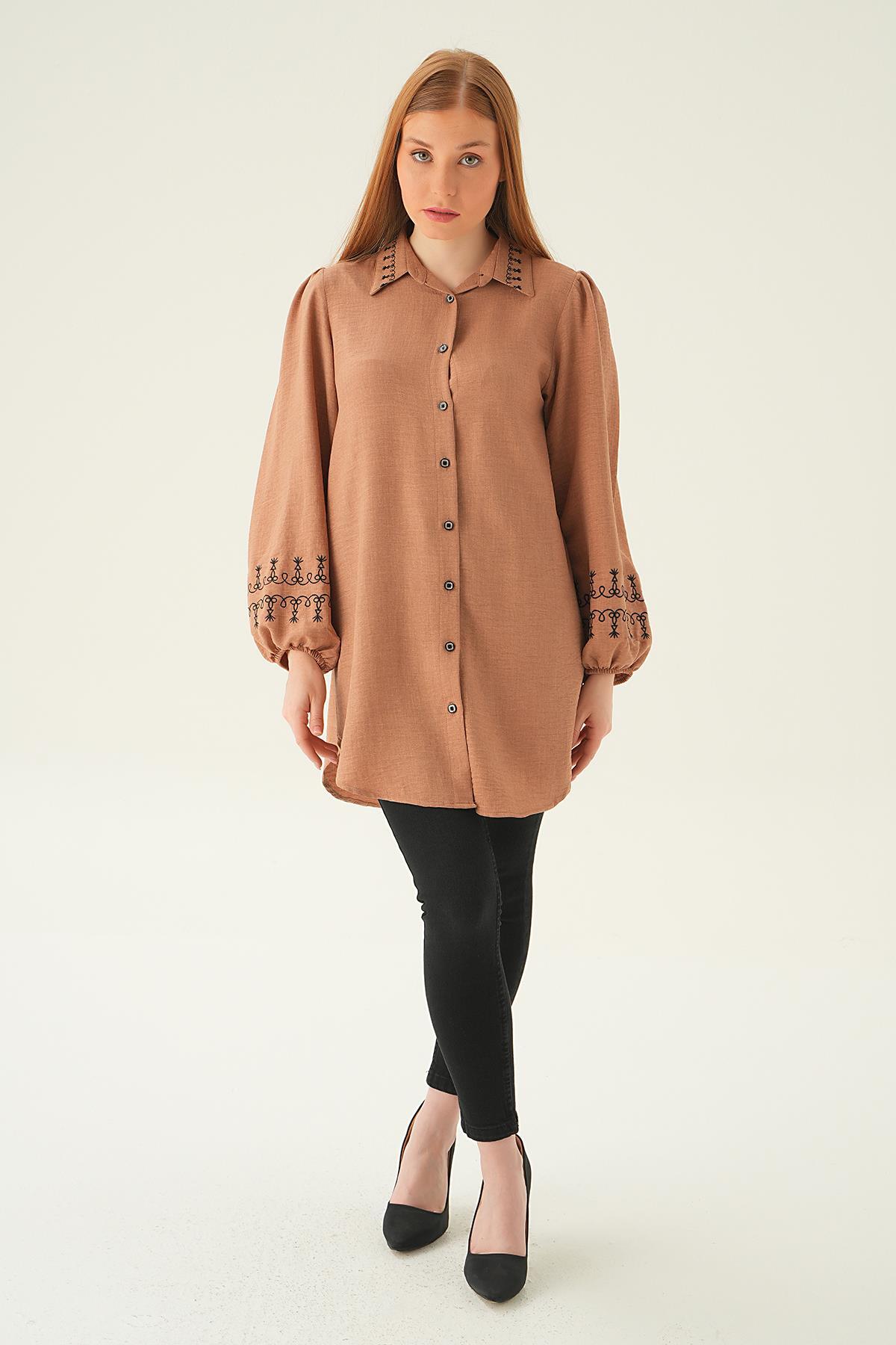 26024 Balon Kol Nakış Detay Tunik Vizon - 6