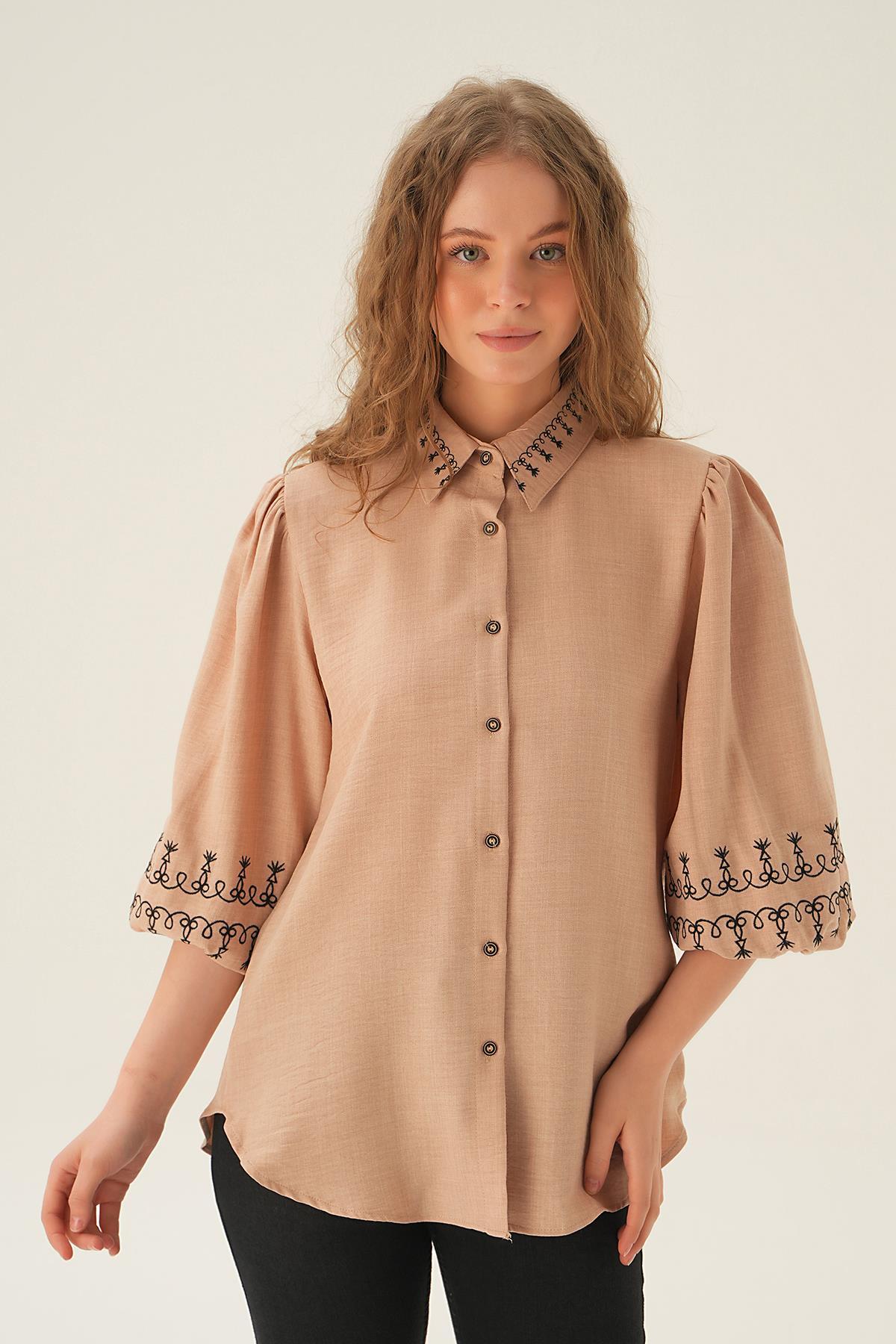 26033 Nakış Detay Gömlek Bej 