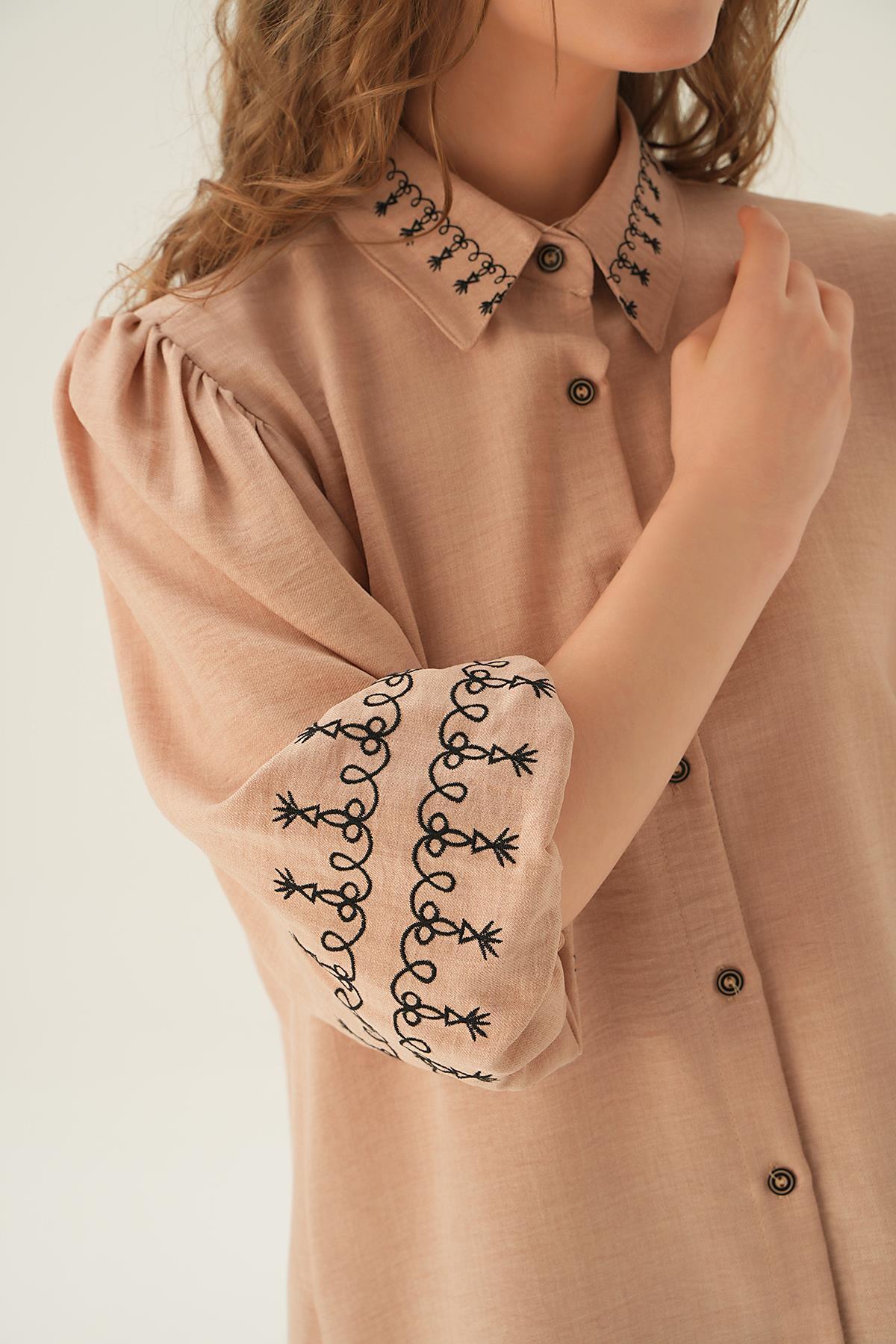 26033 Nakış Detay Gömlek Bej - 4