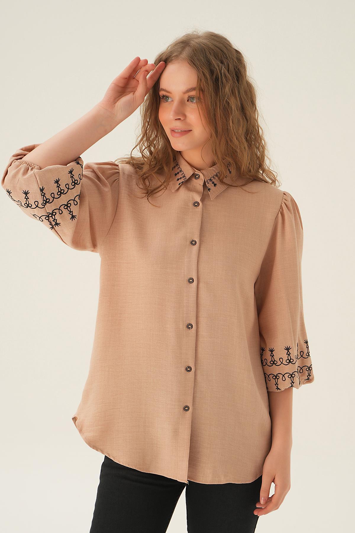 26033 Nakış Detay Gömlek Bej - 2