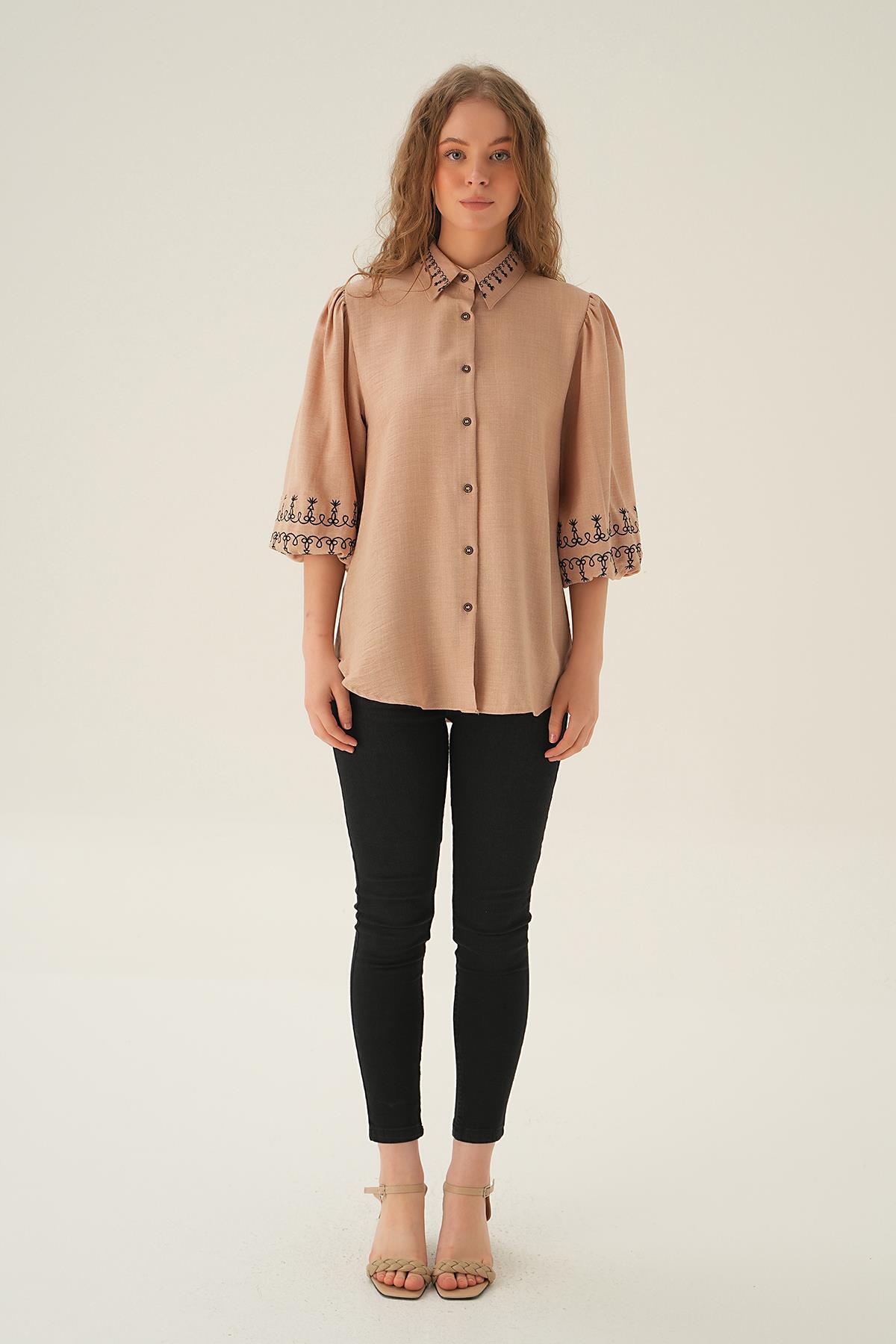 Bej Nakış Detay Gömlek 26033 - 5