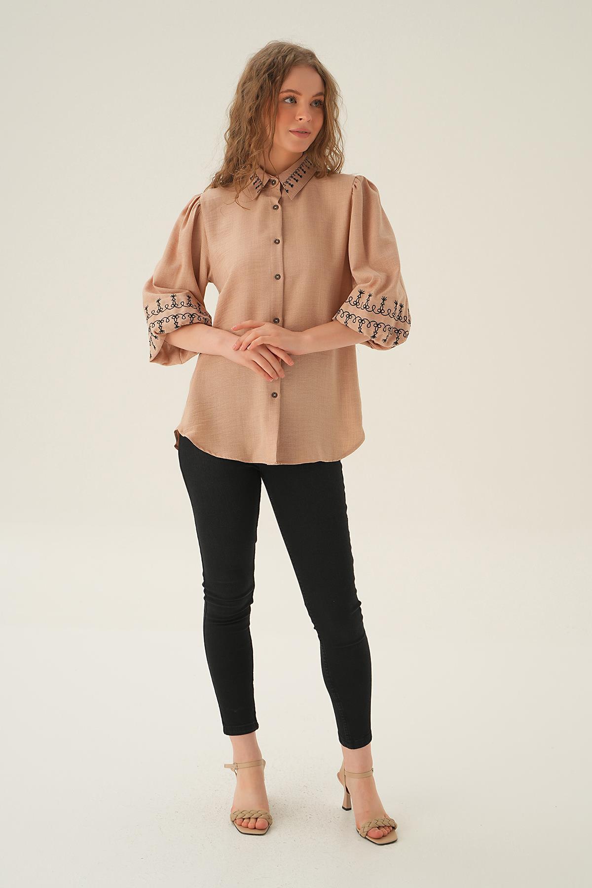 Bej Nakış Detay Gömlek 26033 - 6