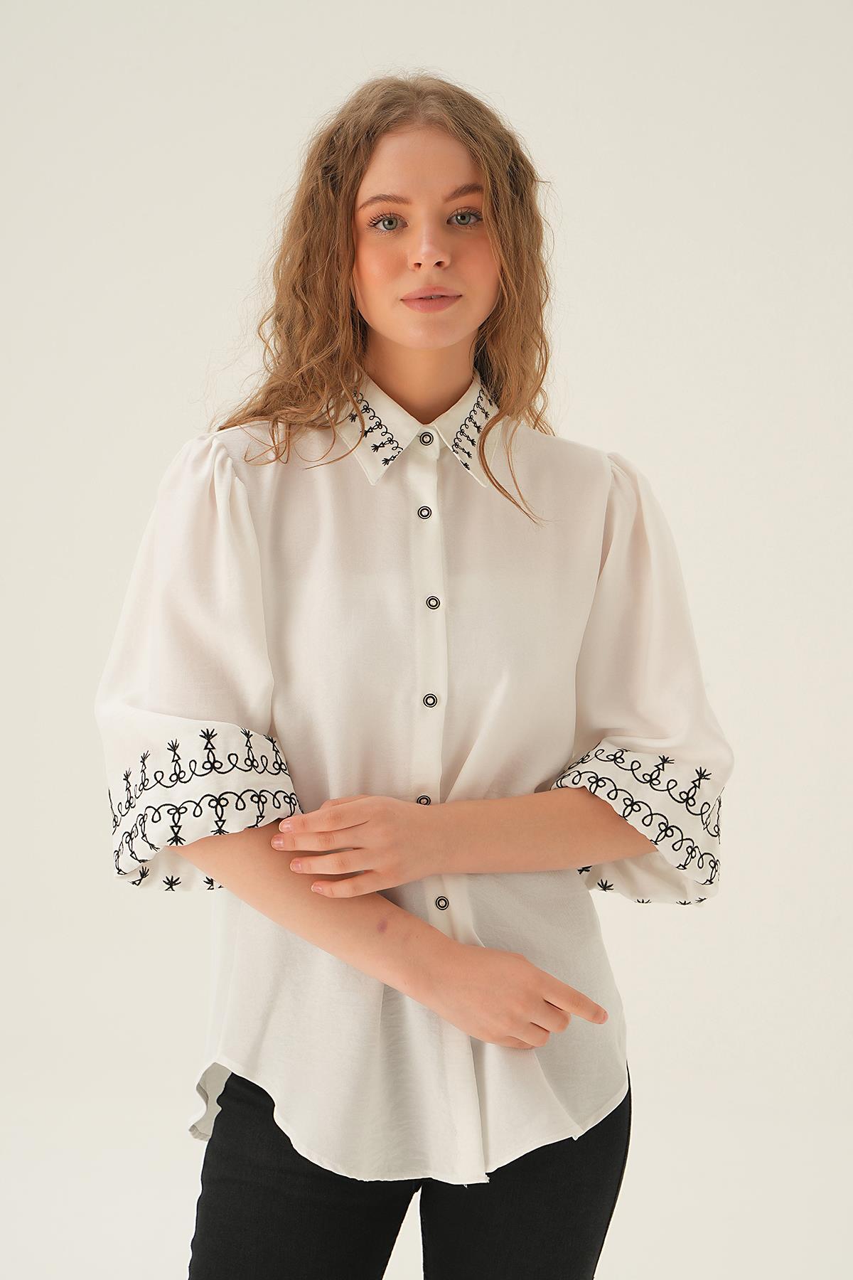 26033 Nakış Detay Gömlek Krem 
