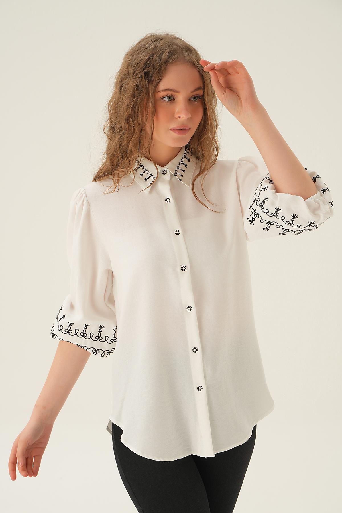 Krem Nakış Detay Gömlek 26033 - 2