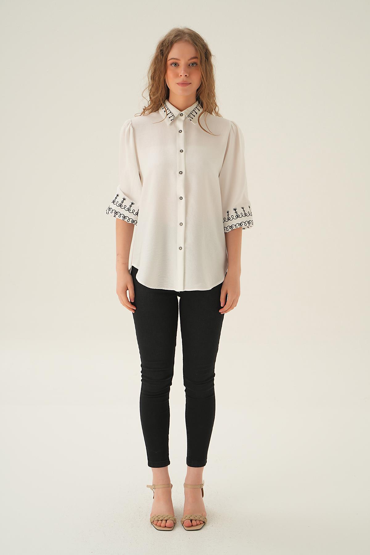 Krem Nakış Detay Gömlek 26033 - 5