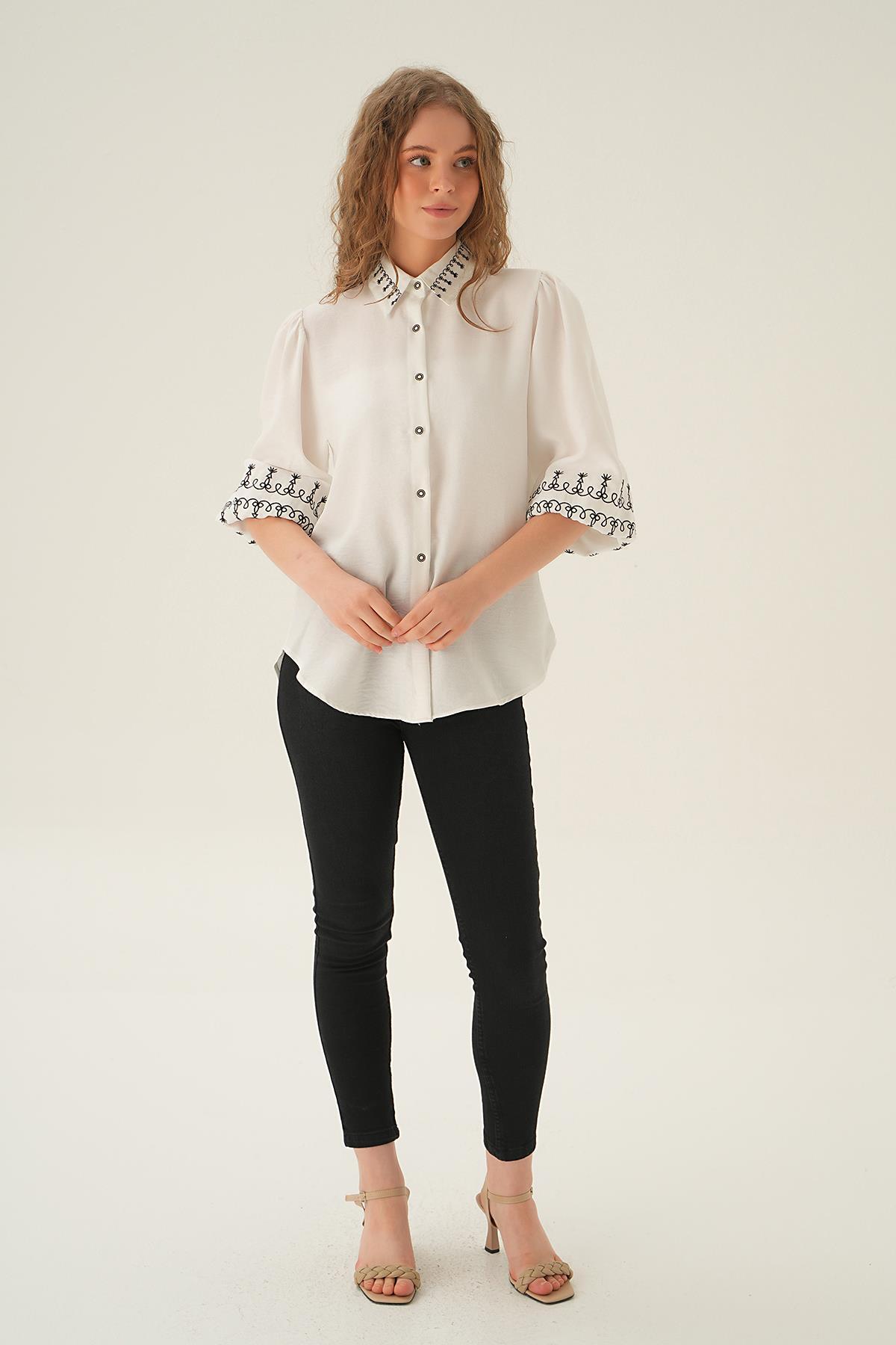 Krem Nakış Detay Gömlek 26033 - 6