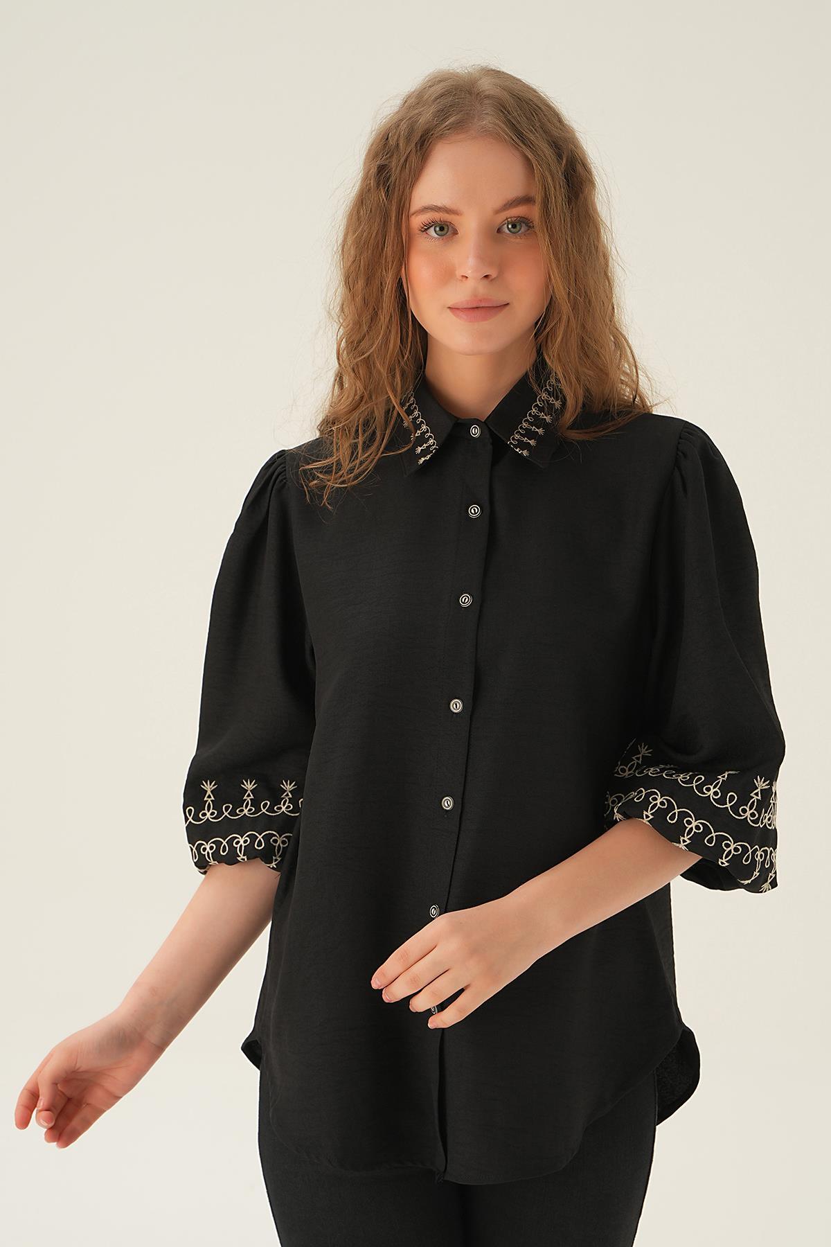 Siyah Nakış Detay Gömlek 26033 - 2