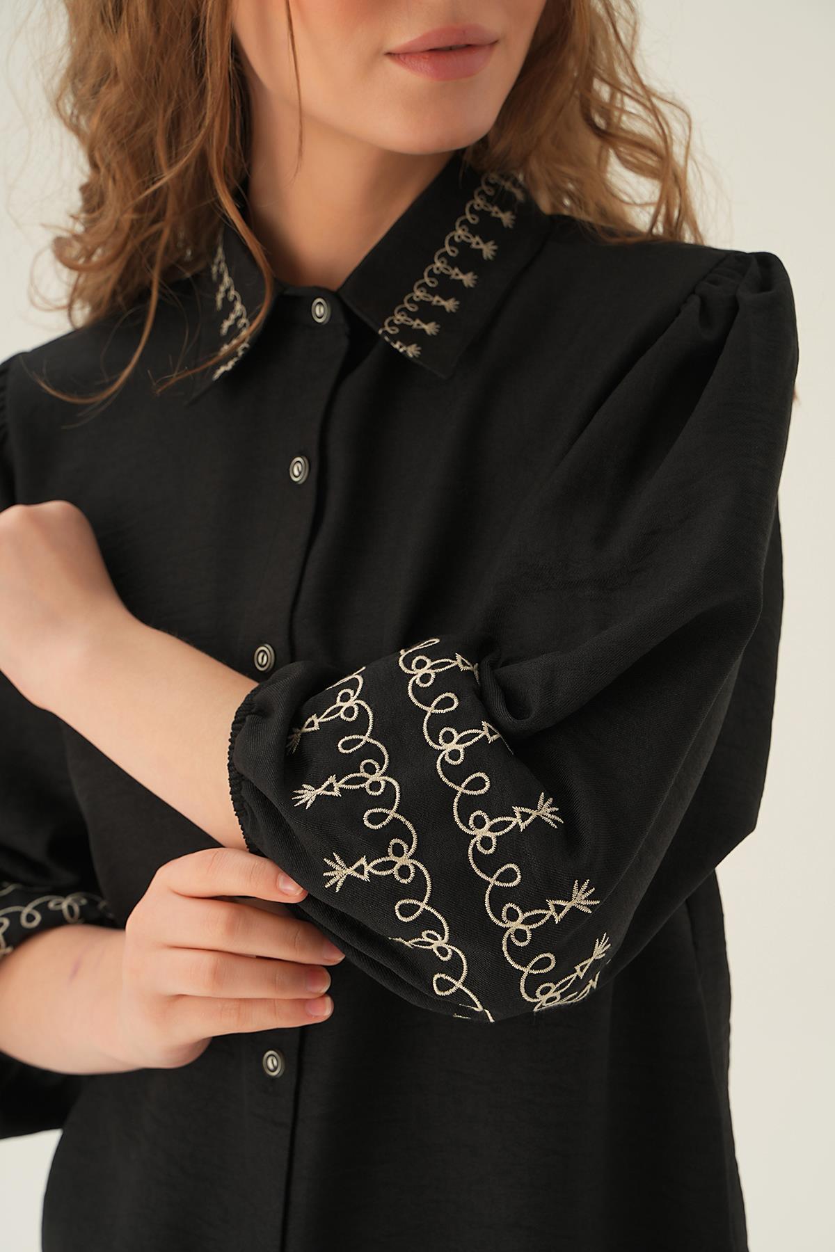 Siyah Nakış Detay Gömlek 26033 - 4