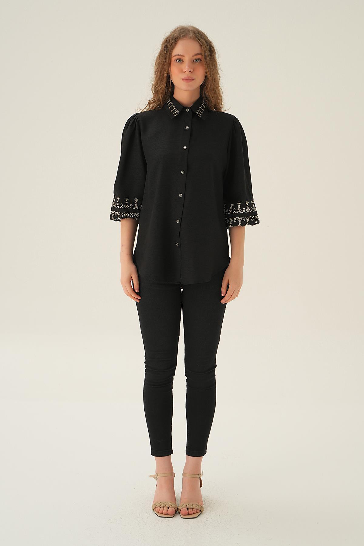 Siyah Nakış Detay Gömlek 26033 - 5