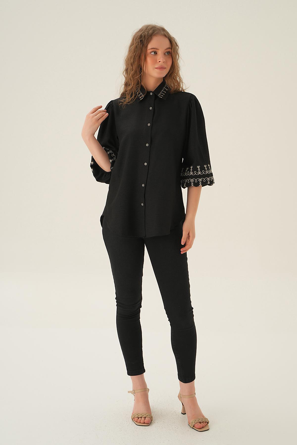 Siyah Nakış Detay Gömlek 26033 - 6