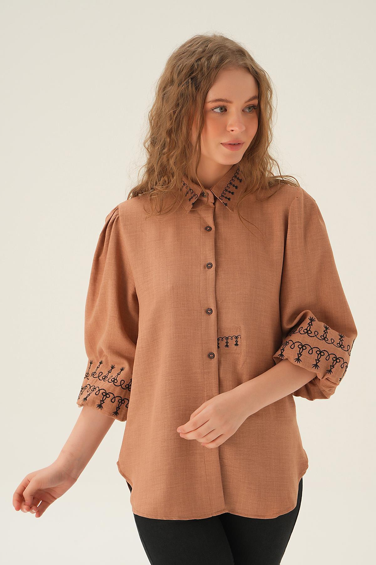 26033 Nakış Detay Gömlek Vizon - 1