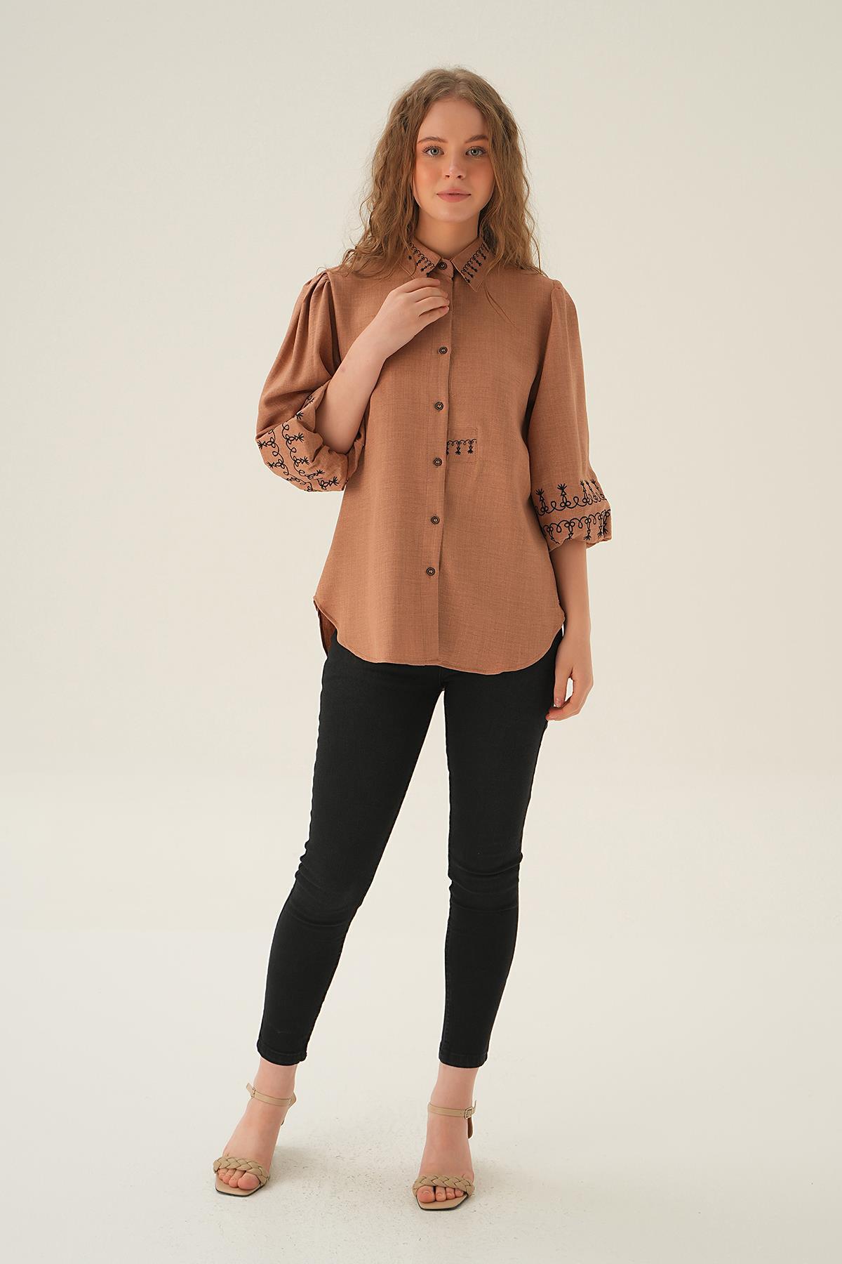 26033 Nakış Detay Gömlek Vizon - 6