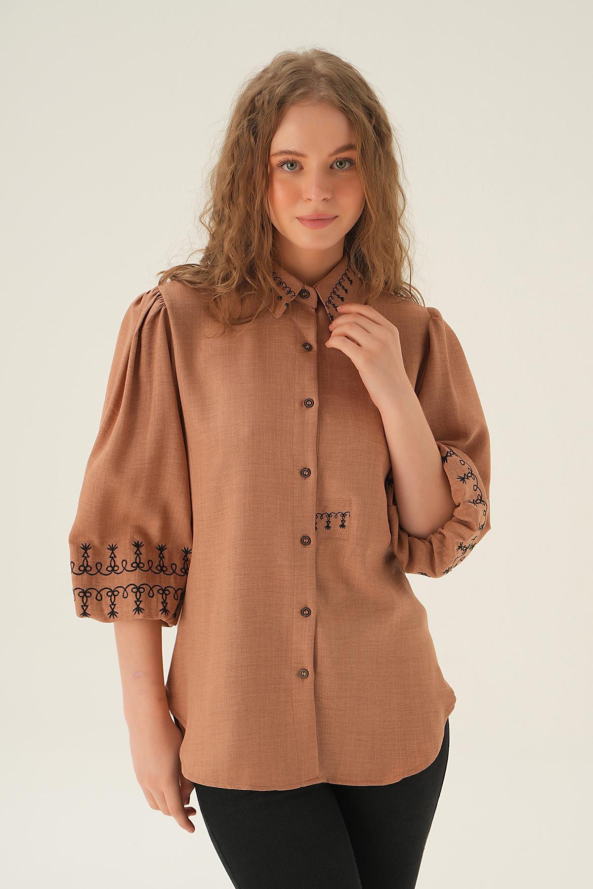 26033 Nakış Detay Gömlek Vizon - 2