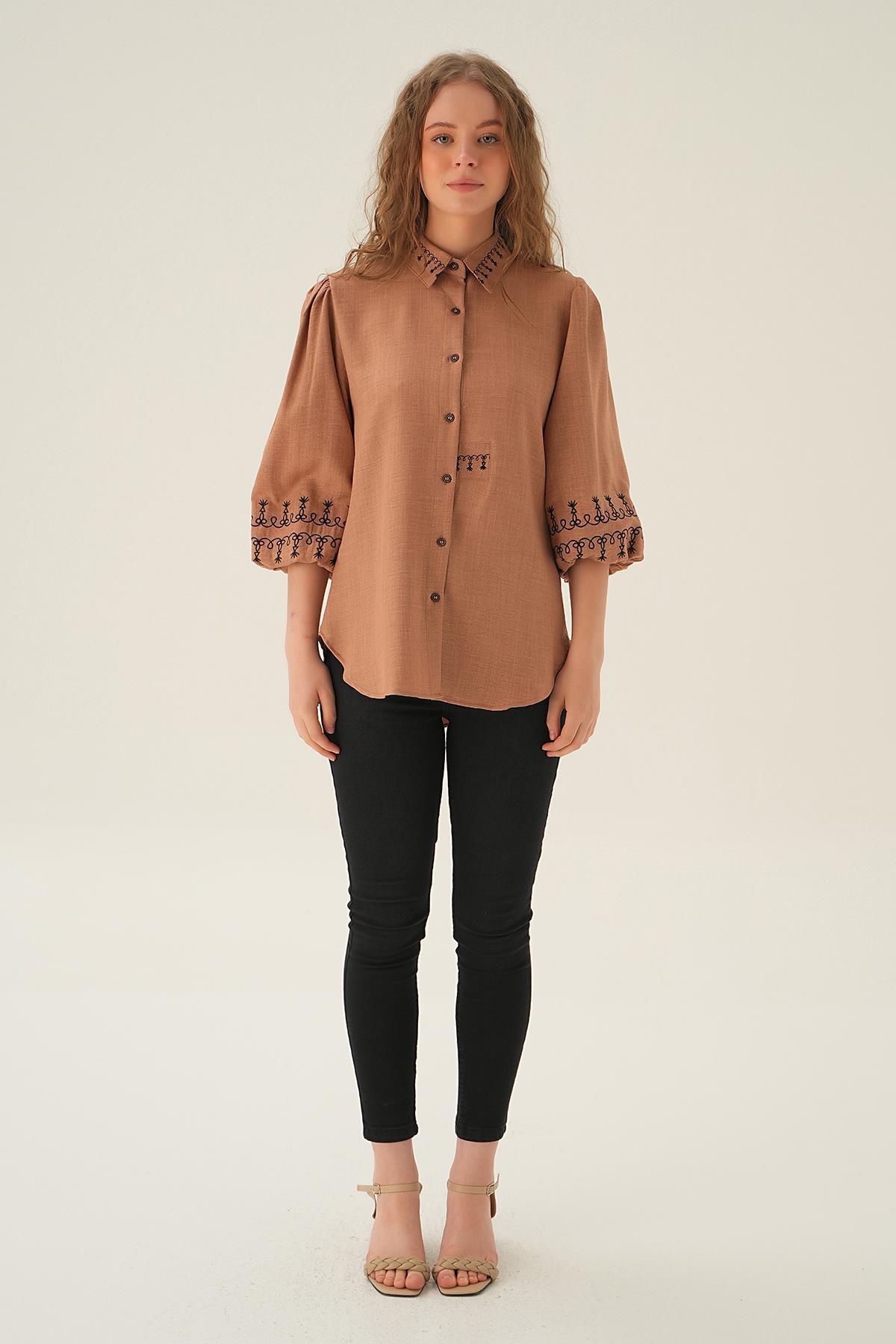 26033 Nakış Detay Gömlek Vizon - 5