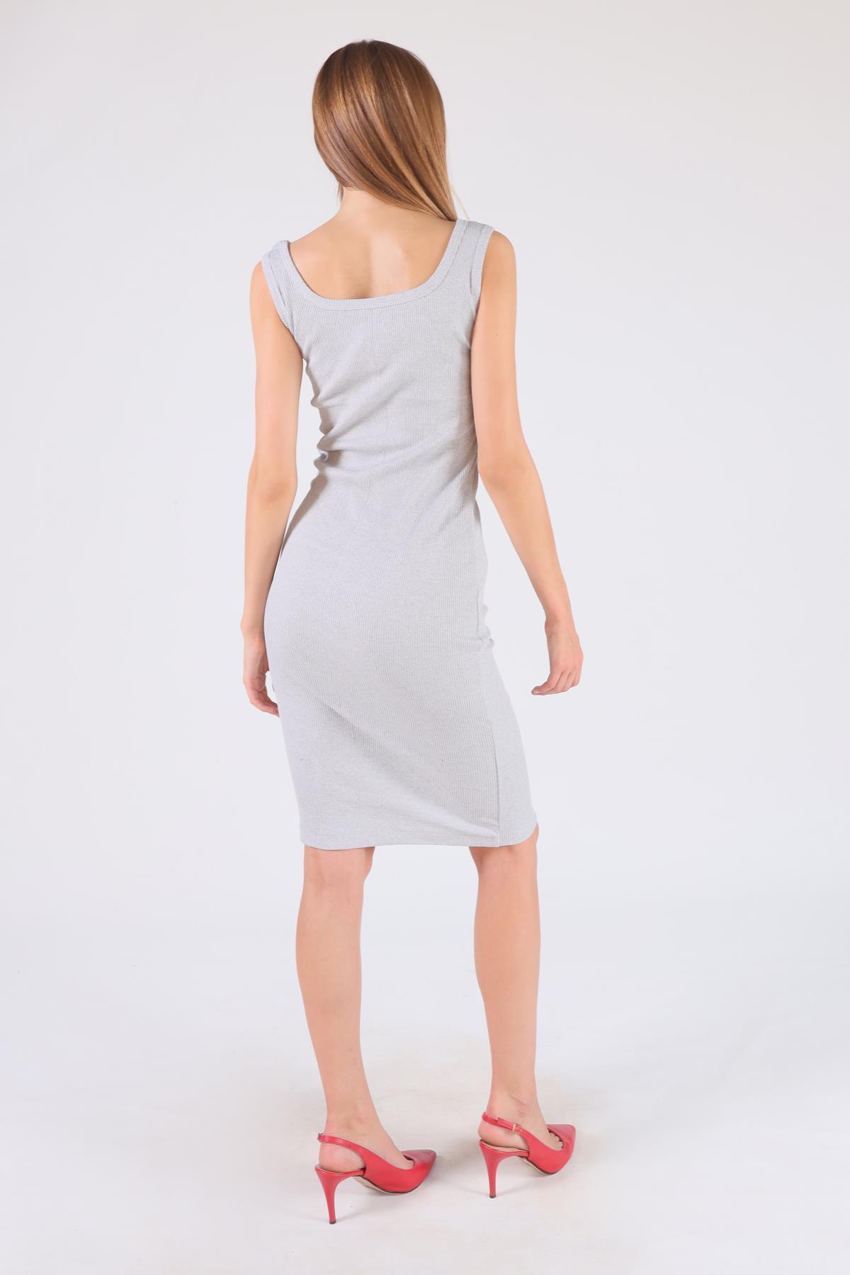 Gri Kare Yaka Kaşkorse Elbise 2614 - 4