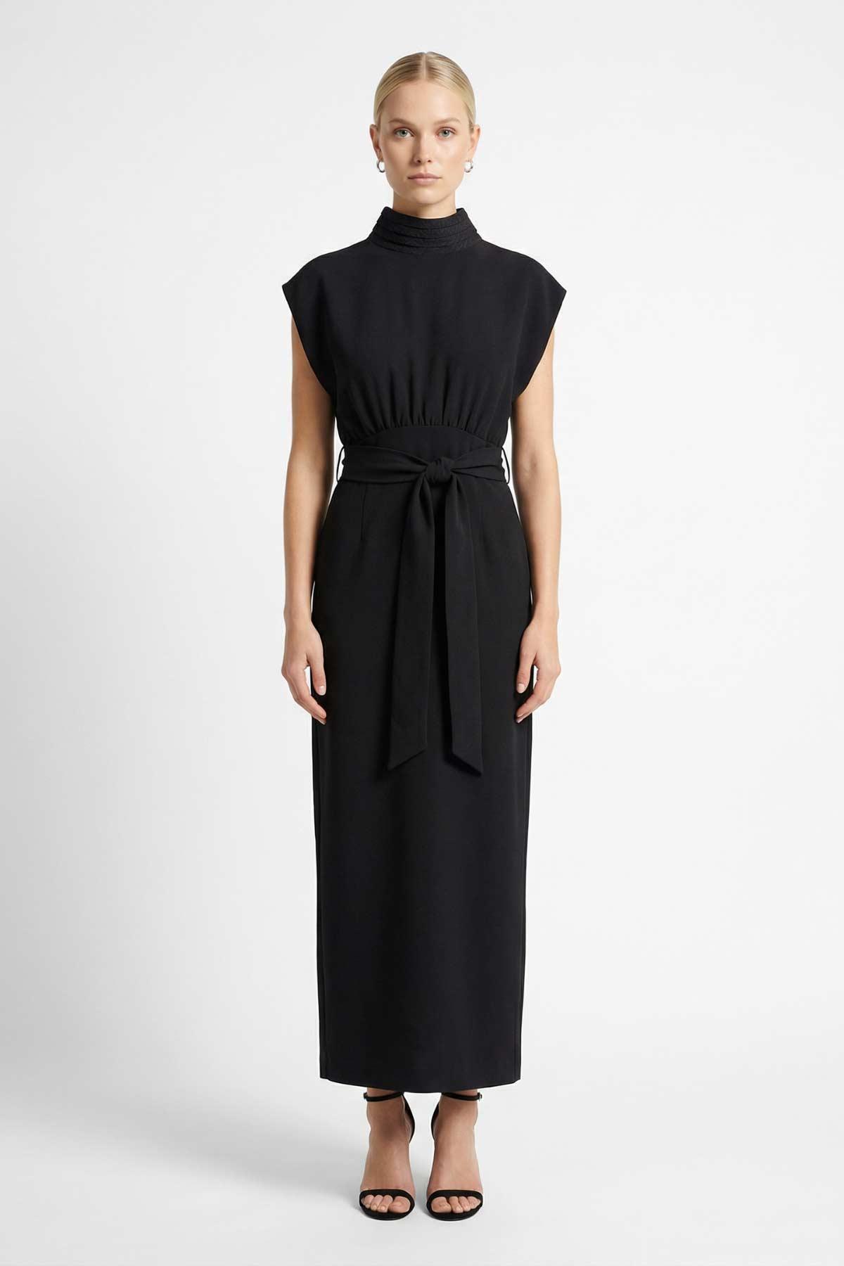 261622 Vatkalı Bel Bağlama Elbise Siyah - RAYS