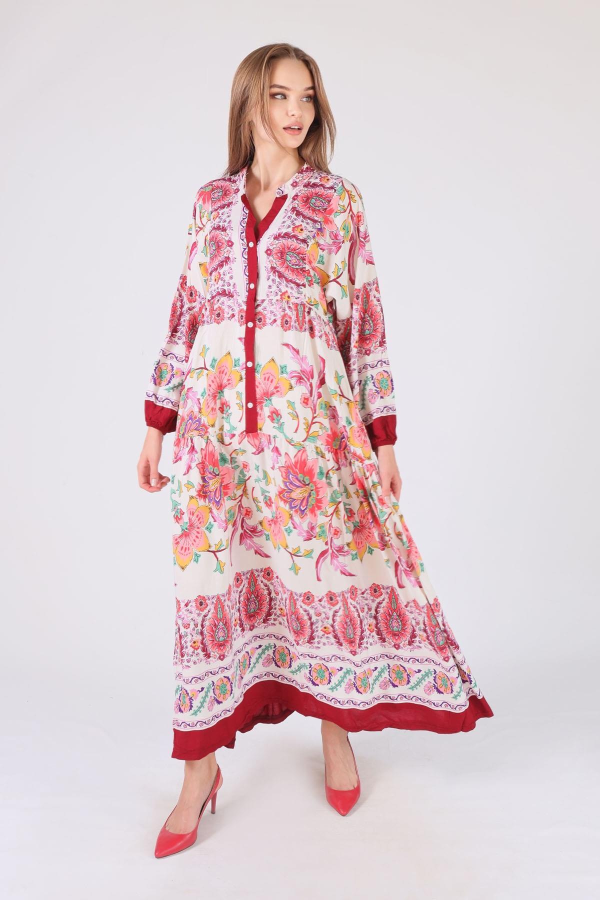 Bordo Uzun Desenli Elbise 2627 