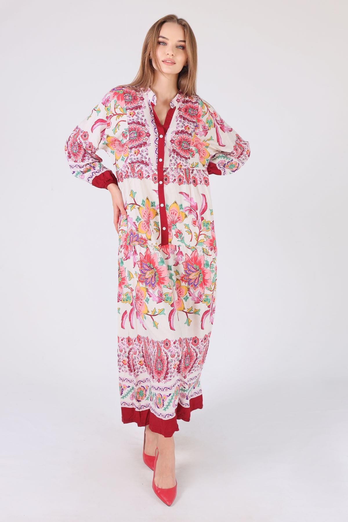 Bordo Uzun Desenli Elbise 2627 - 2