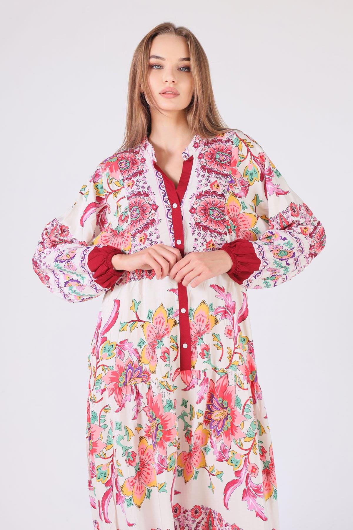 Bordo Uzun Desenli Elbise 2627 - 3