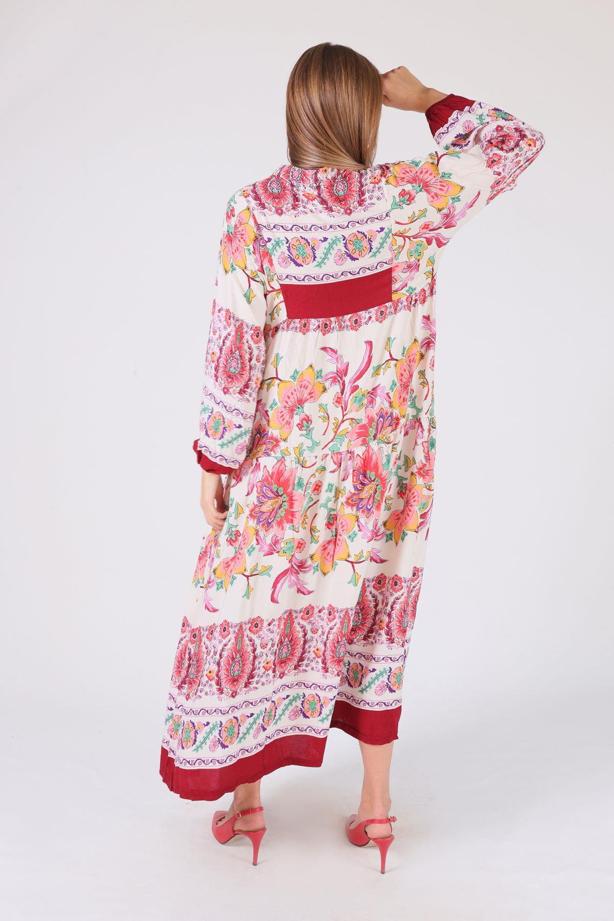 Bordo Uzun Desenli Elbise 2627 - 4