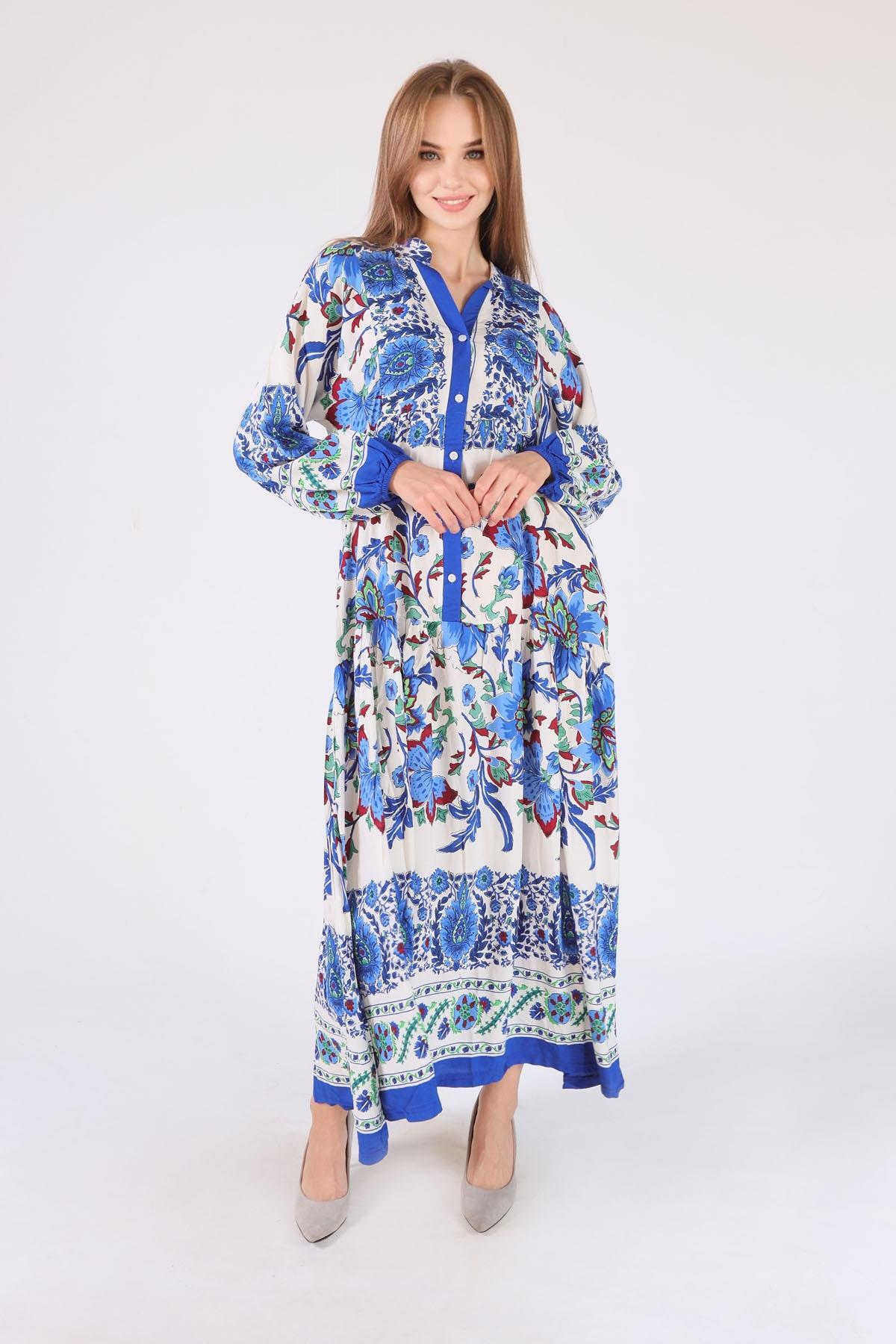 2627 Uzun Desenli Elbise Saks - 2