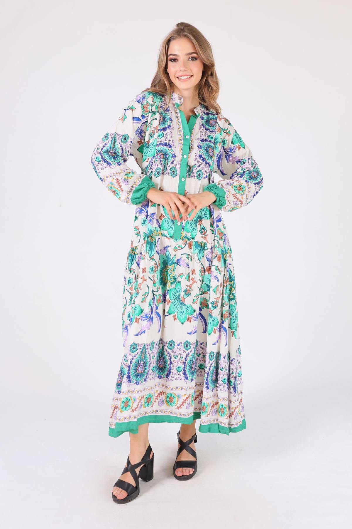 2627 Uzun Desenli Elbise Yeşil - 1