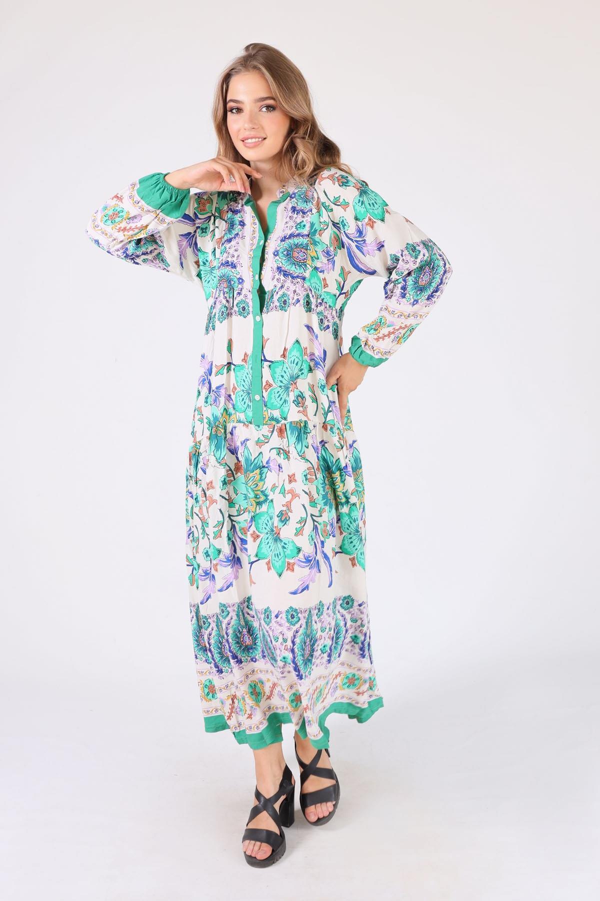 2627 Uzun Desenli Elbise Yeşil - 2