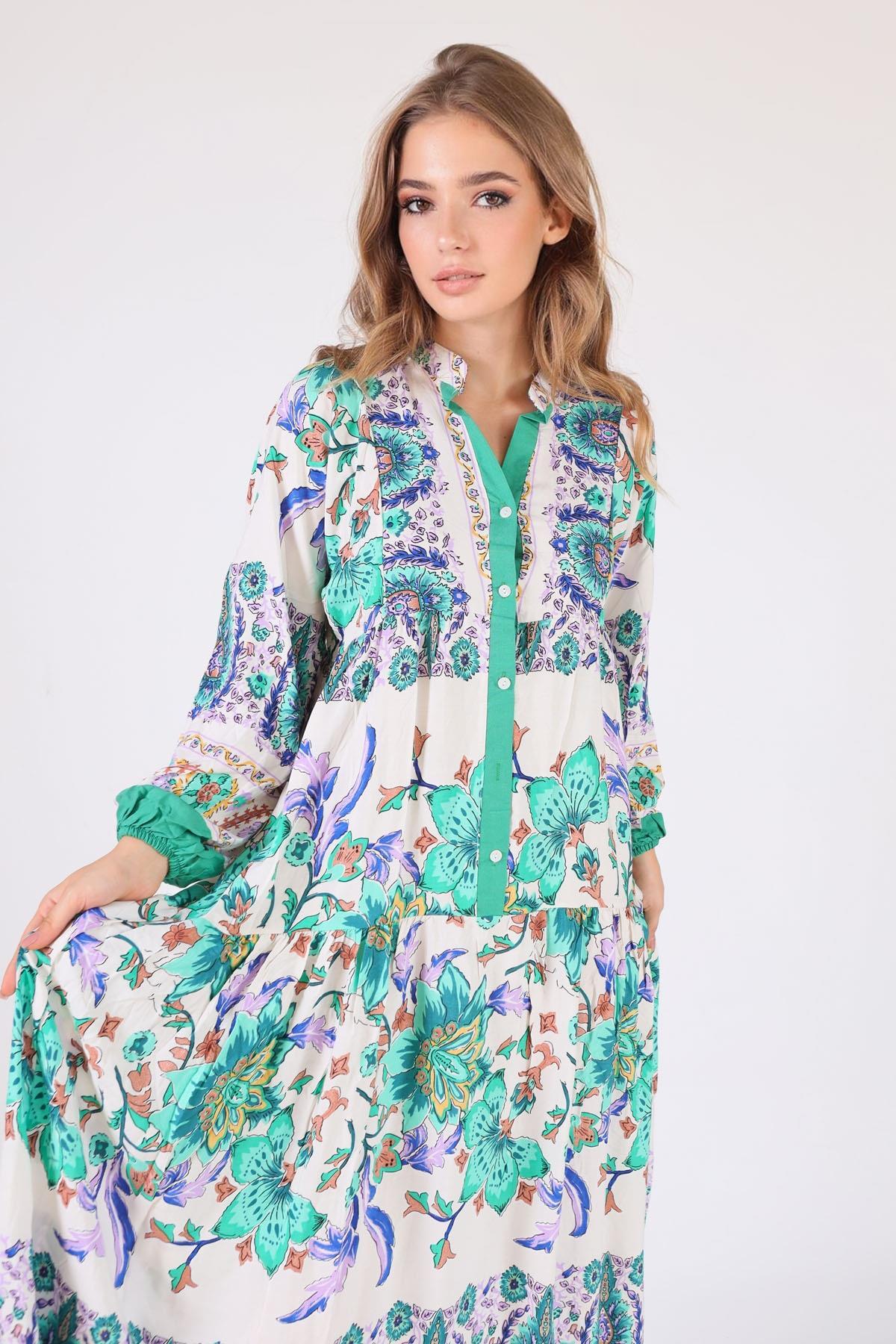 2627 Uzun Desenli Elbise Yeşil - 3