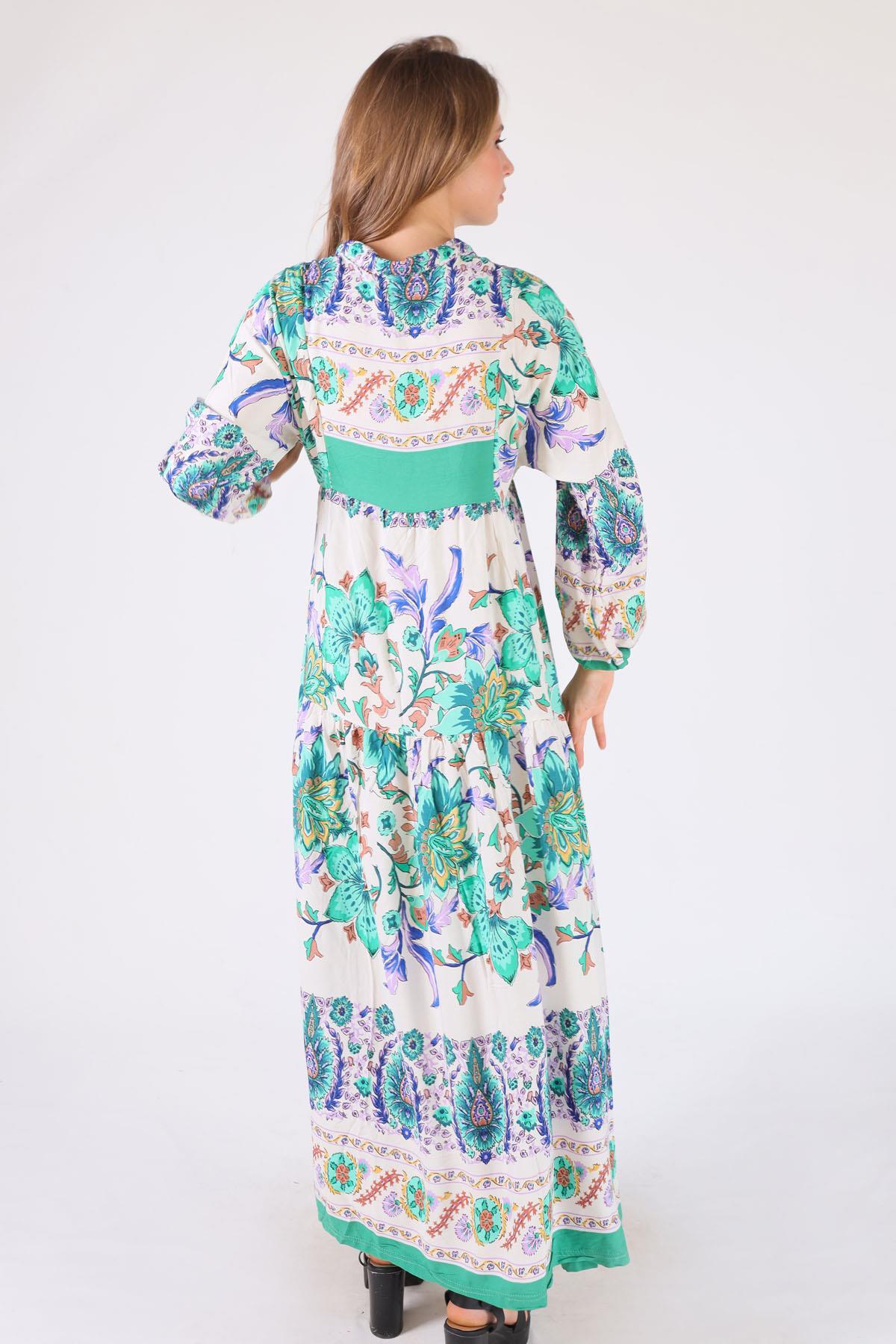 2627 Uzun Desenli Elbise Yeşil - 4