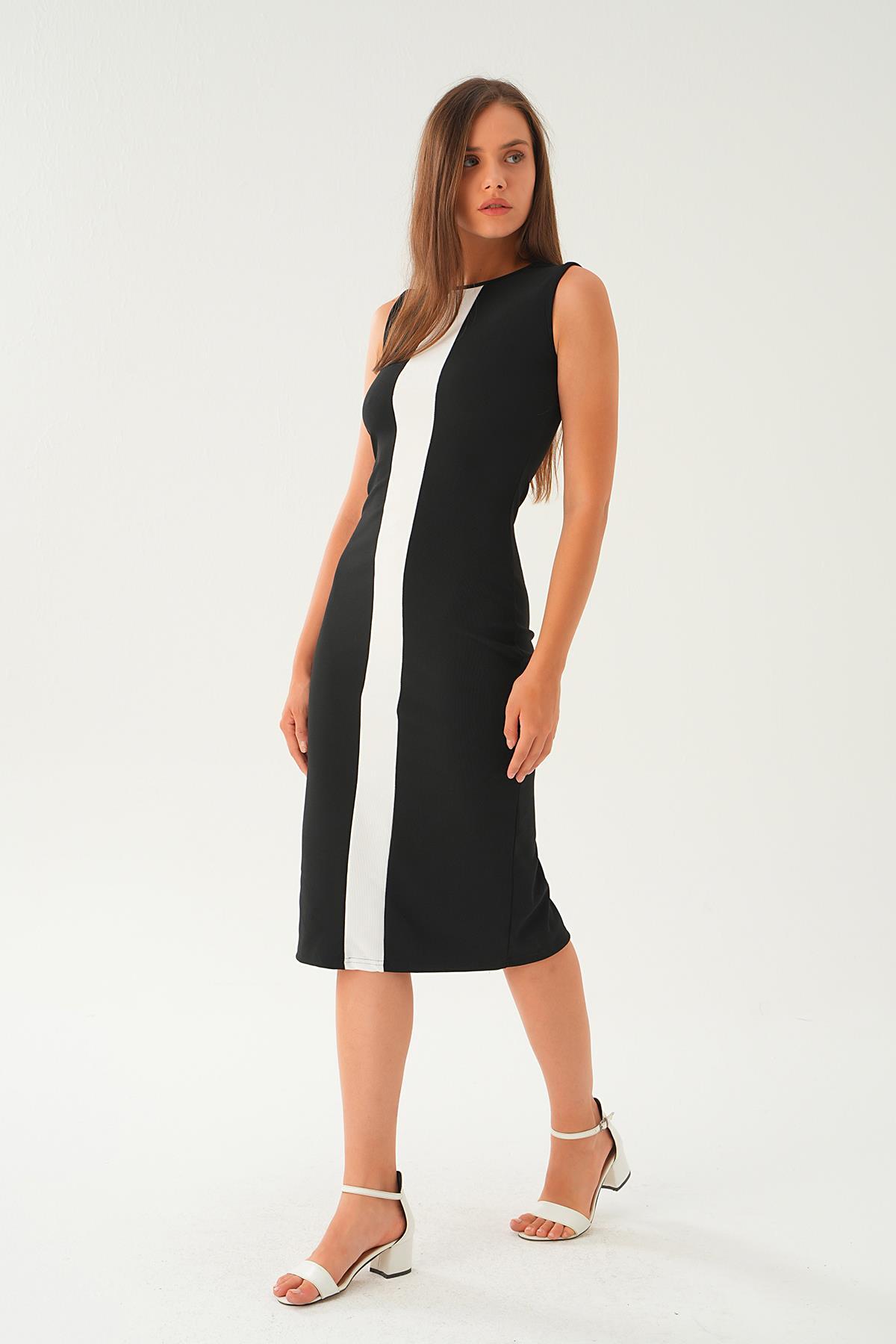 2628 Şerit Detay Elbise Siyah - 4