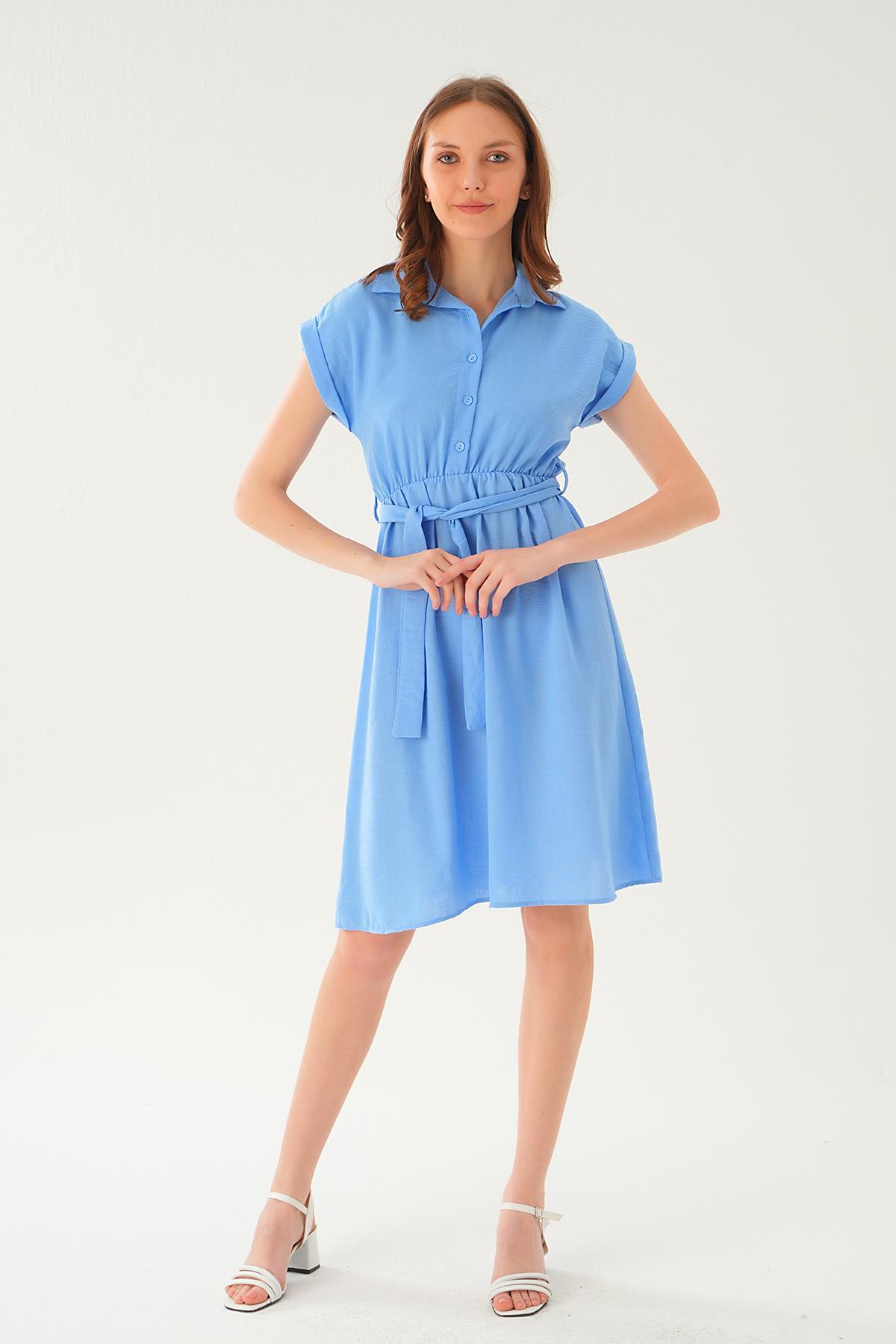 2629 Bel Kuşak Detay Elbise Bebe Mavi 