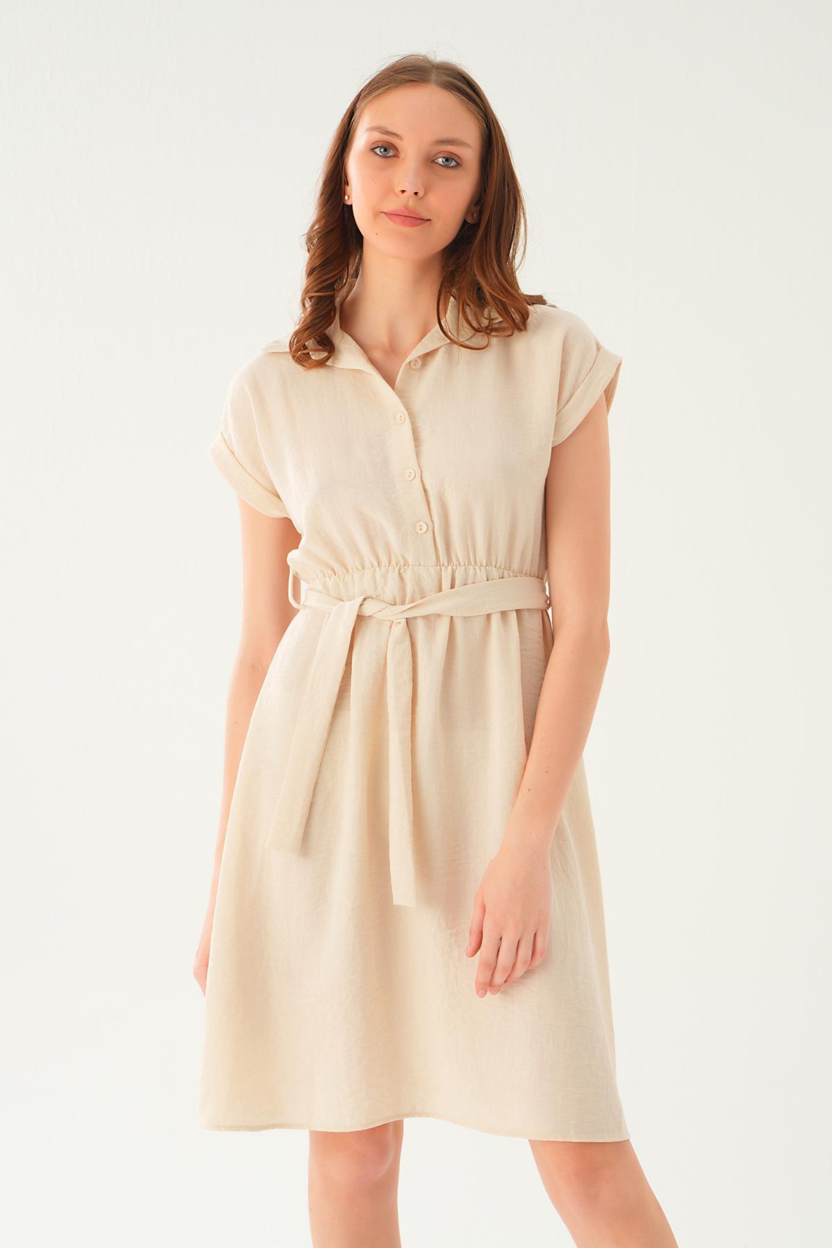 Bej Bel Kuşak Detay Elbise 2629 