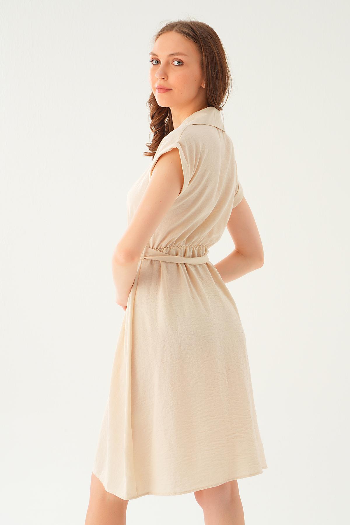 Bej Bel Kuşak Detay Elbise 2629 - 4