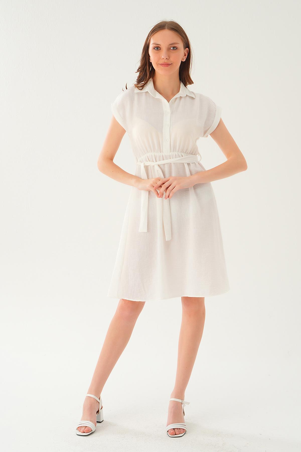 Beyaz Bel Kuşak Detay Elbise 2629 