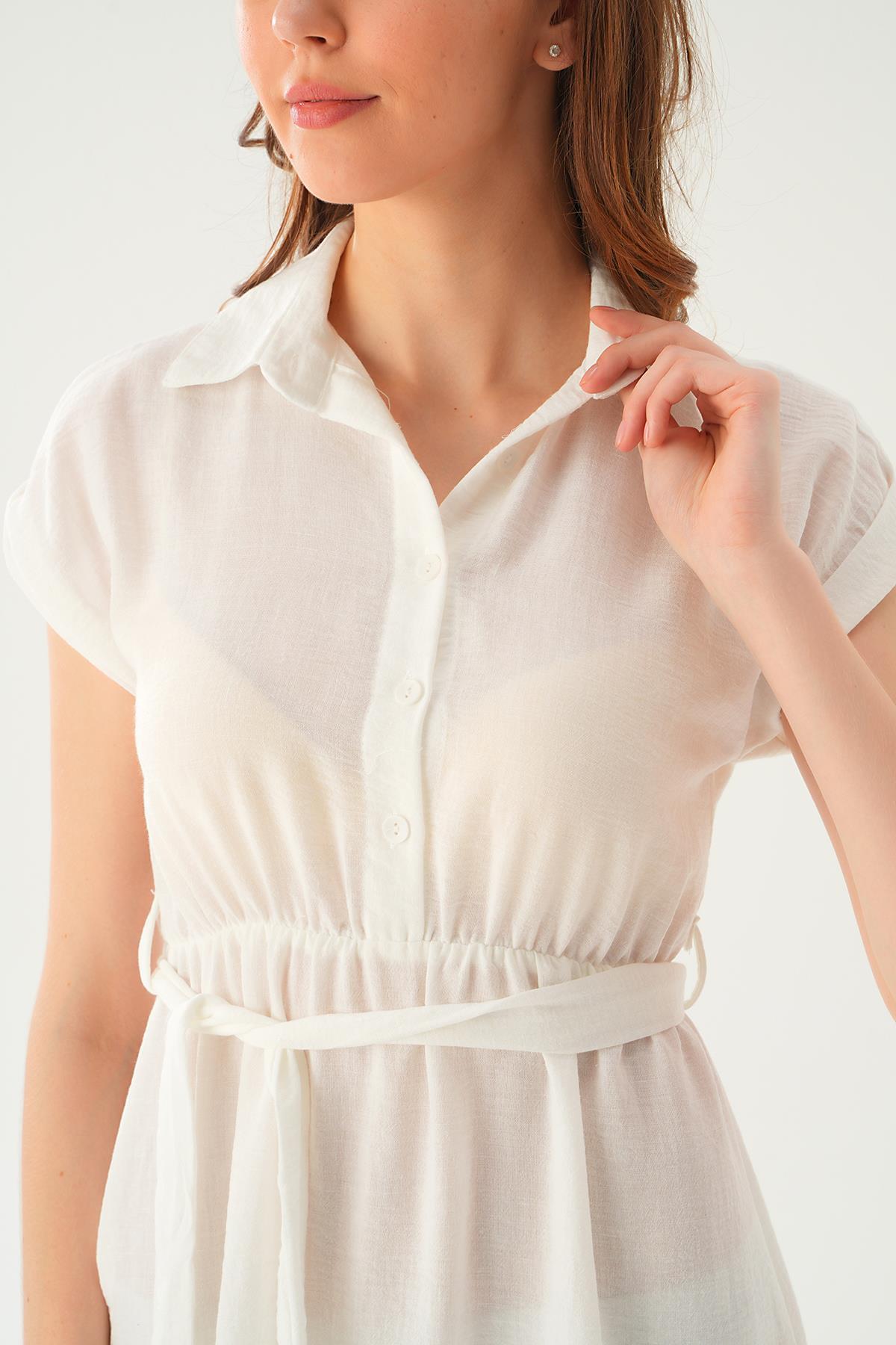 Beyaz Bel Kuşak Detay Elbise 2629 - 3