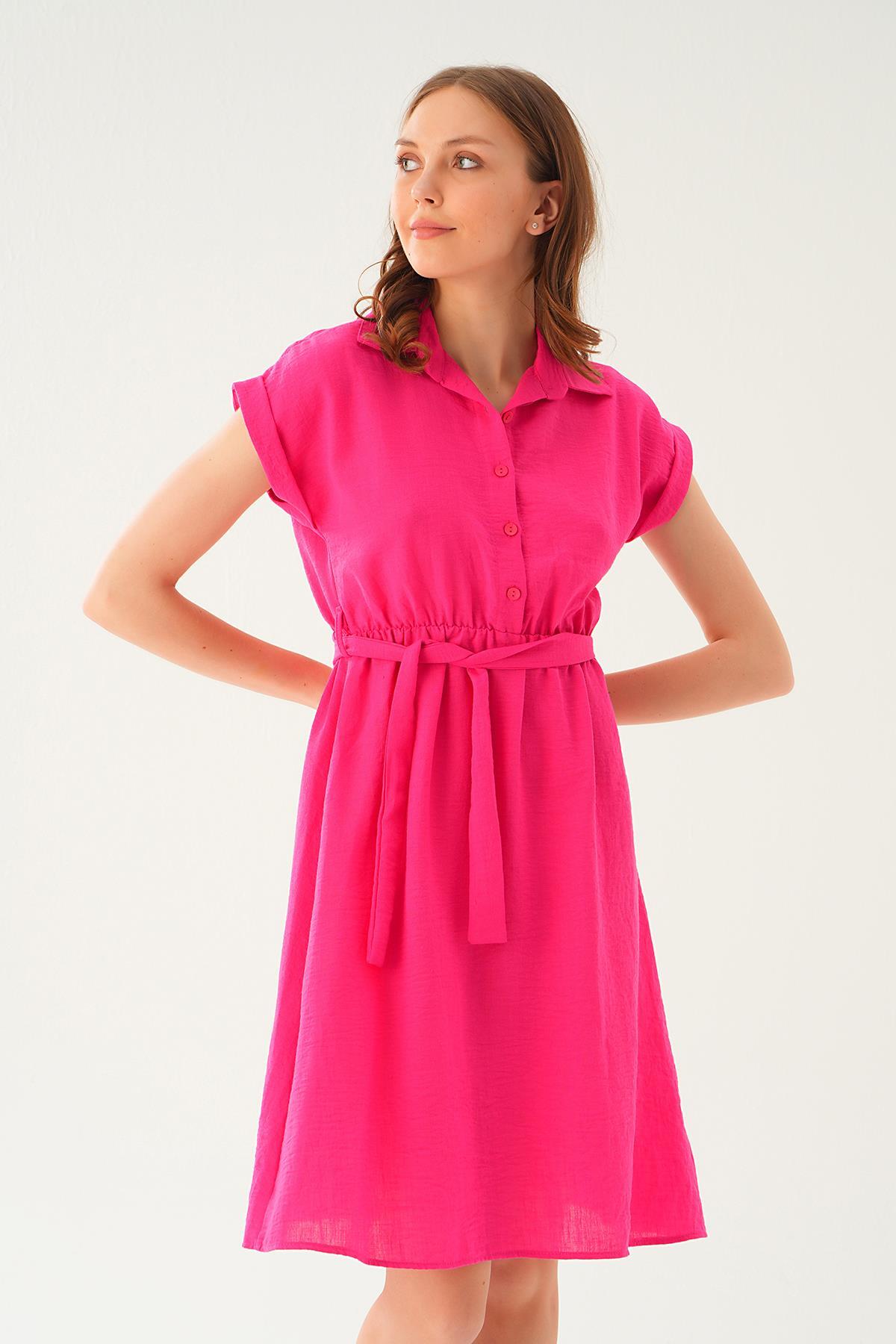 Fuşya Bel Kuşak Detay Elbise 2629 - 3