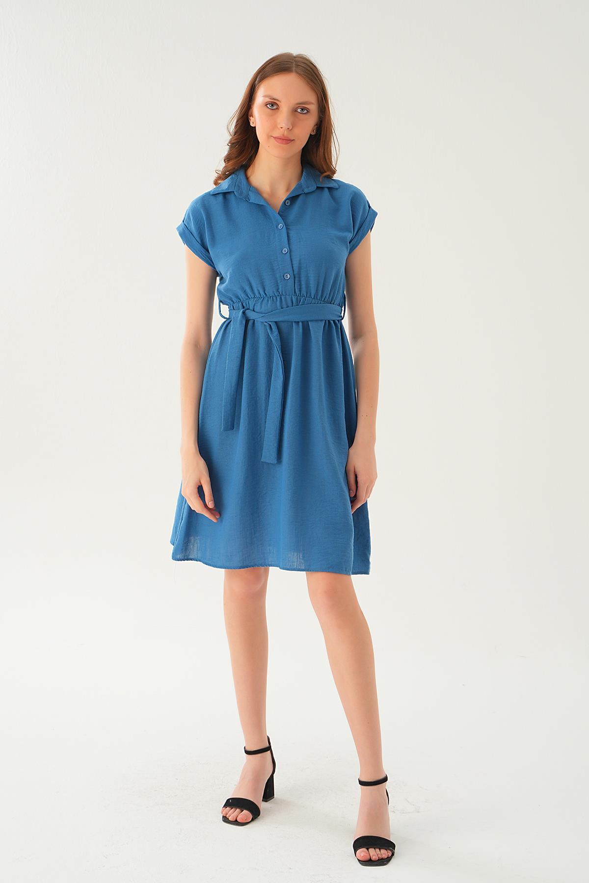 İndigo Bel Kuşak Detay Elbise 2629 - 1