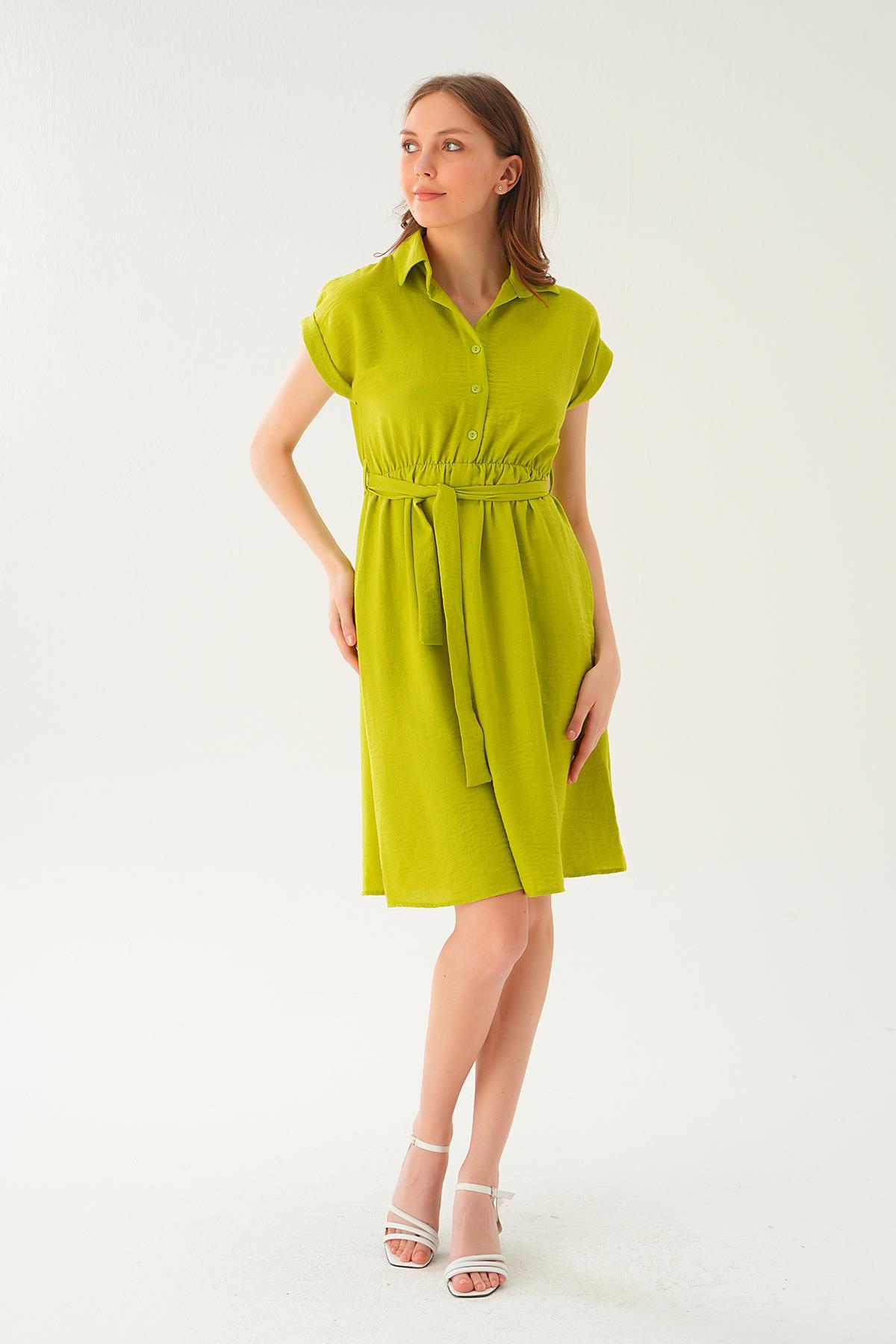 Yağ Yeşili Bel Kuşak Detay Elbise 2629 - 2