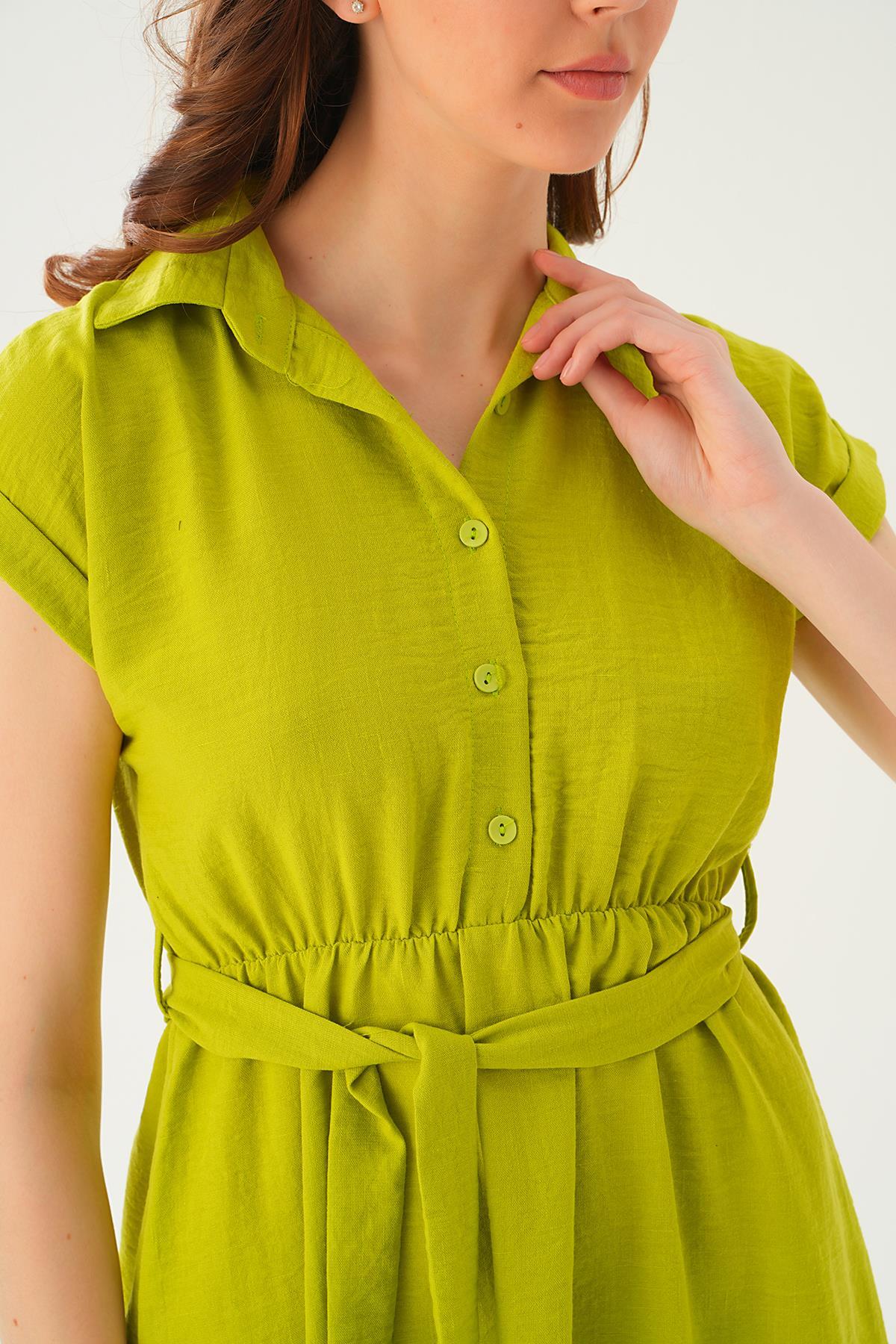 Yağ Yeşili Bel Kuşak Detay Elbise 2629 - 5