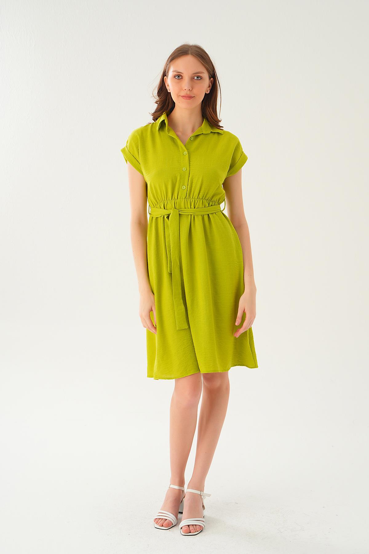 Yağ Yeşili Bel Kuşak Detay Elbise 2629 - 6