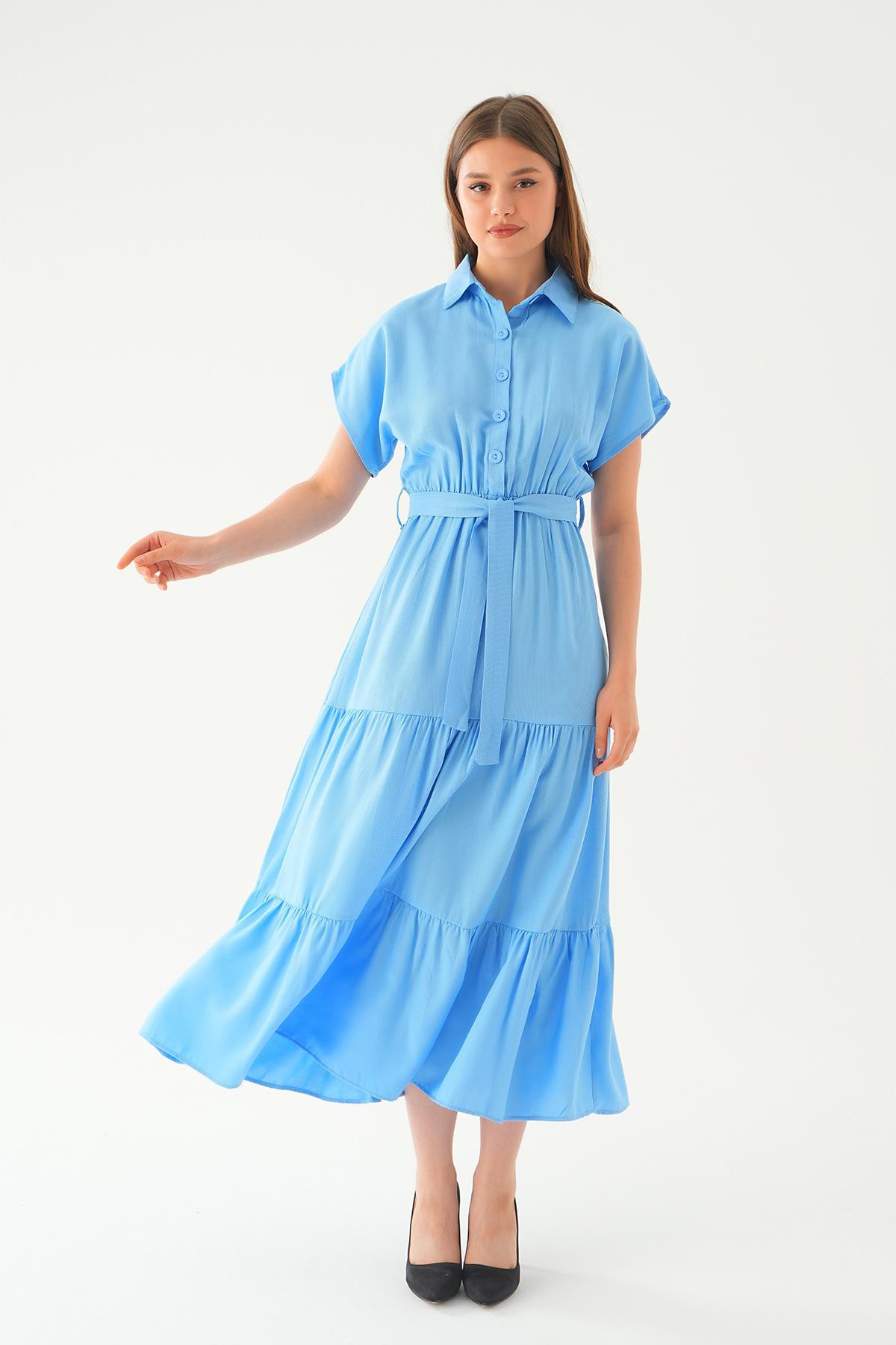 Bebe Mavi Bel Kuşak Detay Uzun Elbise 2630 - 3