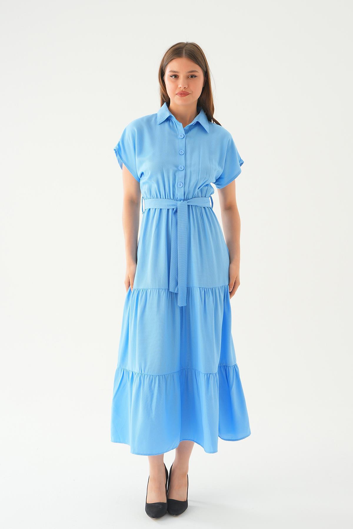 Bebe Mavi Bel Kuşak Detay Uzun Elbise 2630 - 6