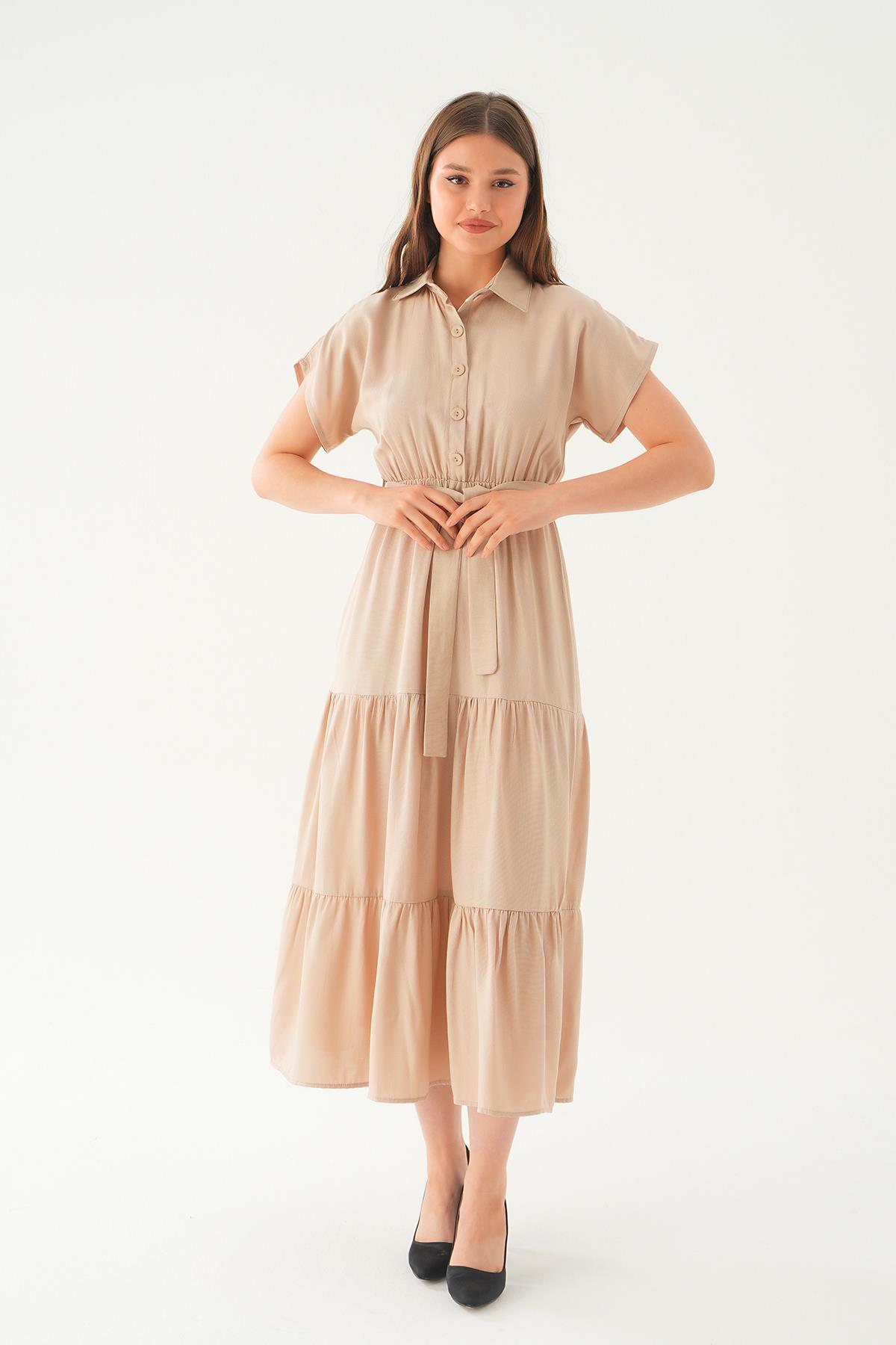 Bej Bel Kuşak Detay Uzun Elbise 2630 