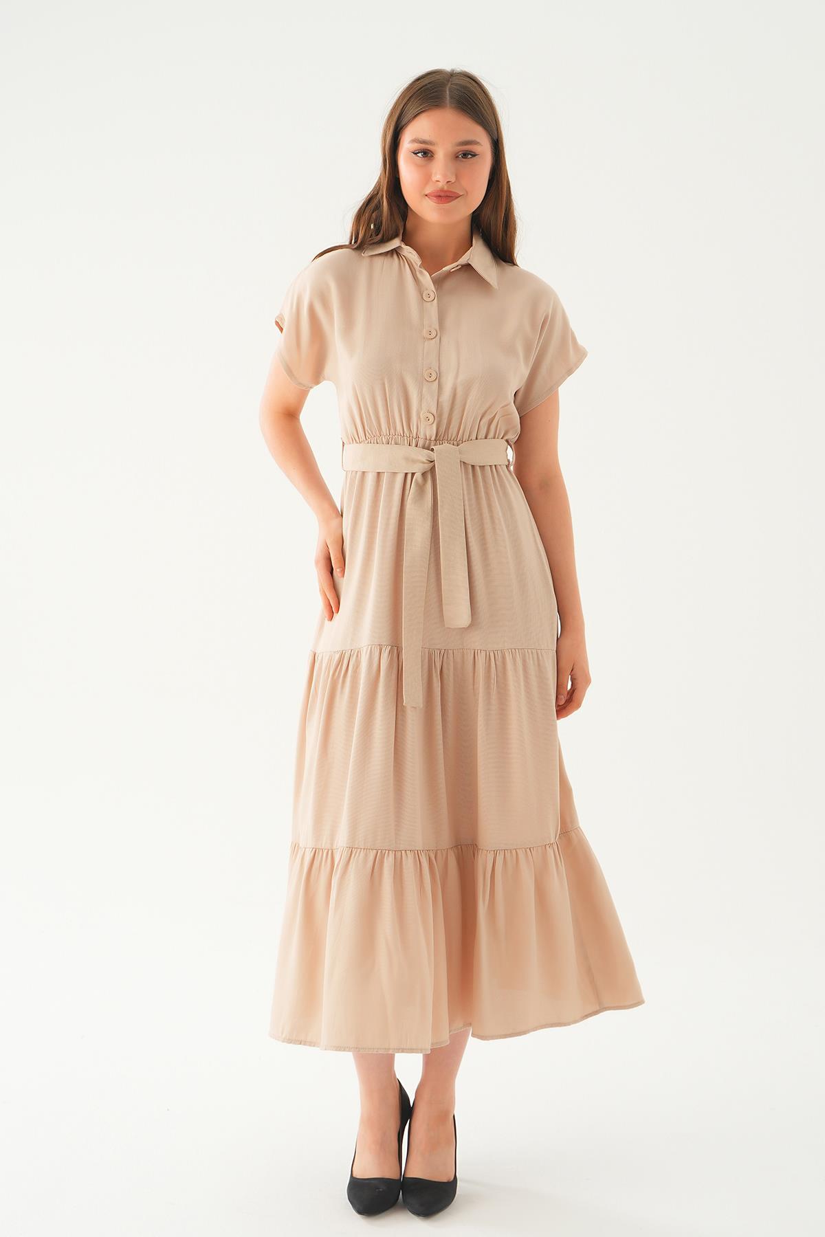 Bej Bel Kuşak Detay Uzun Elbise 2630 - 2