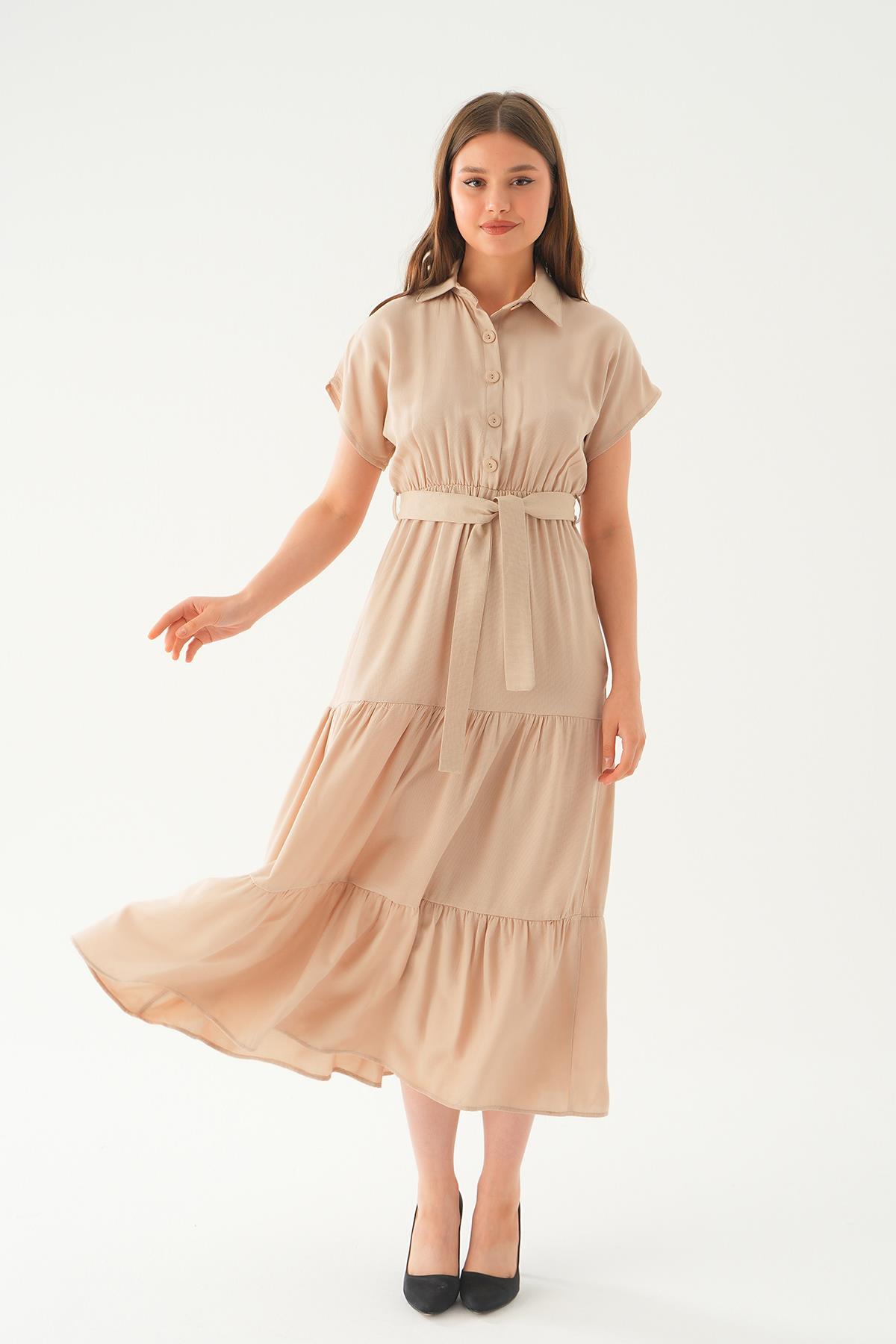 Bej Bel Kuşak Detay Uzun Elbise 2630 - 3