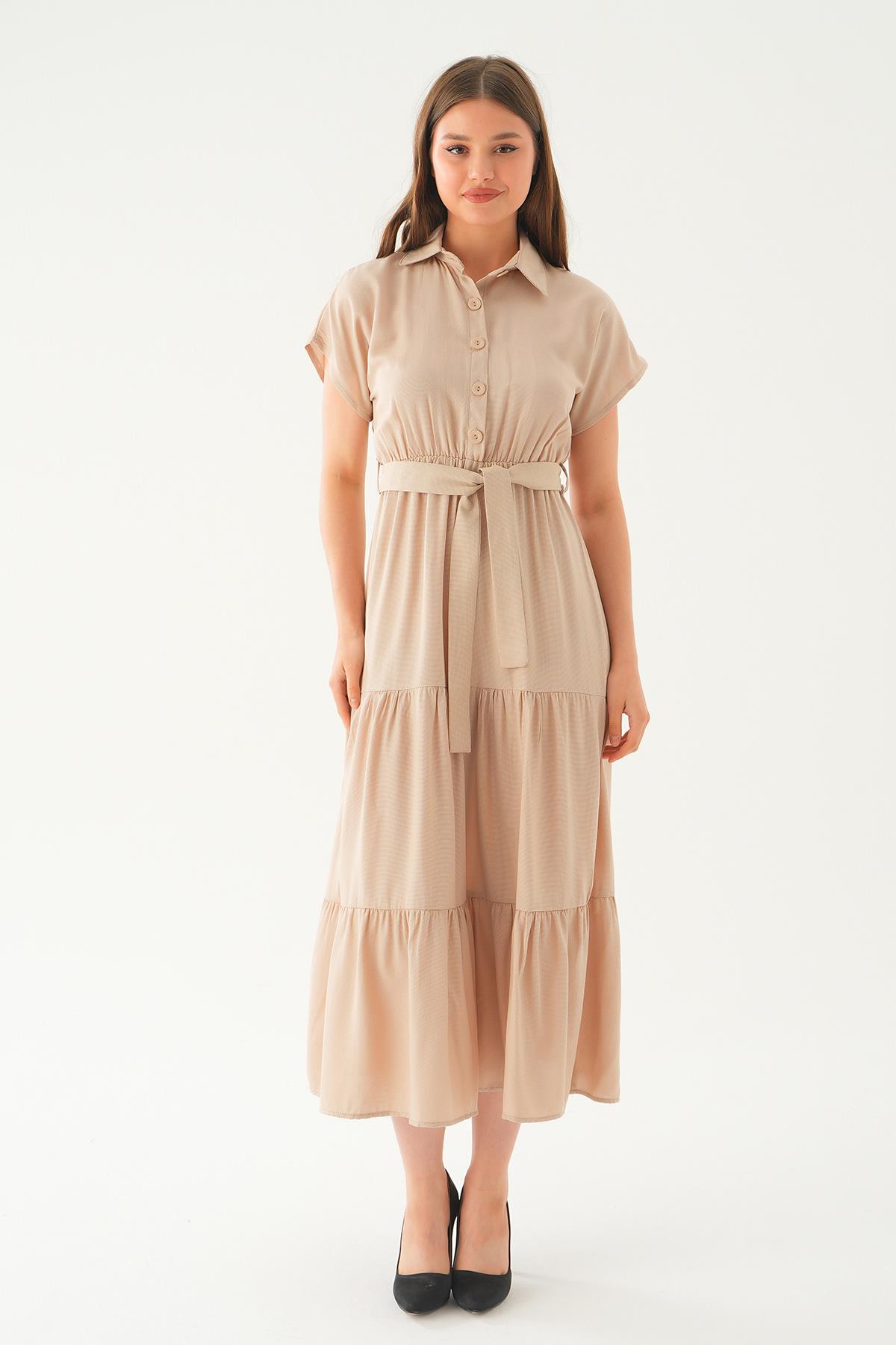 Bej Bel Kuşak Detay Uzun Elbise 2630 - 6