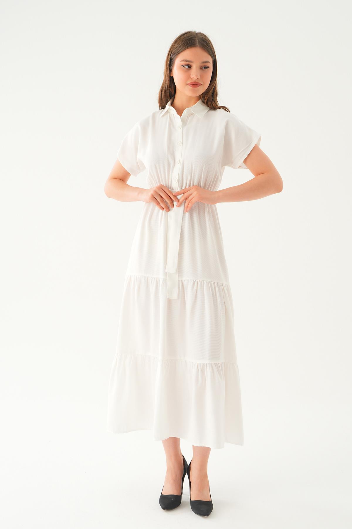 2630 Bel Kuşak Detay Uzun Elbise Beyaz - 3