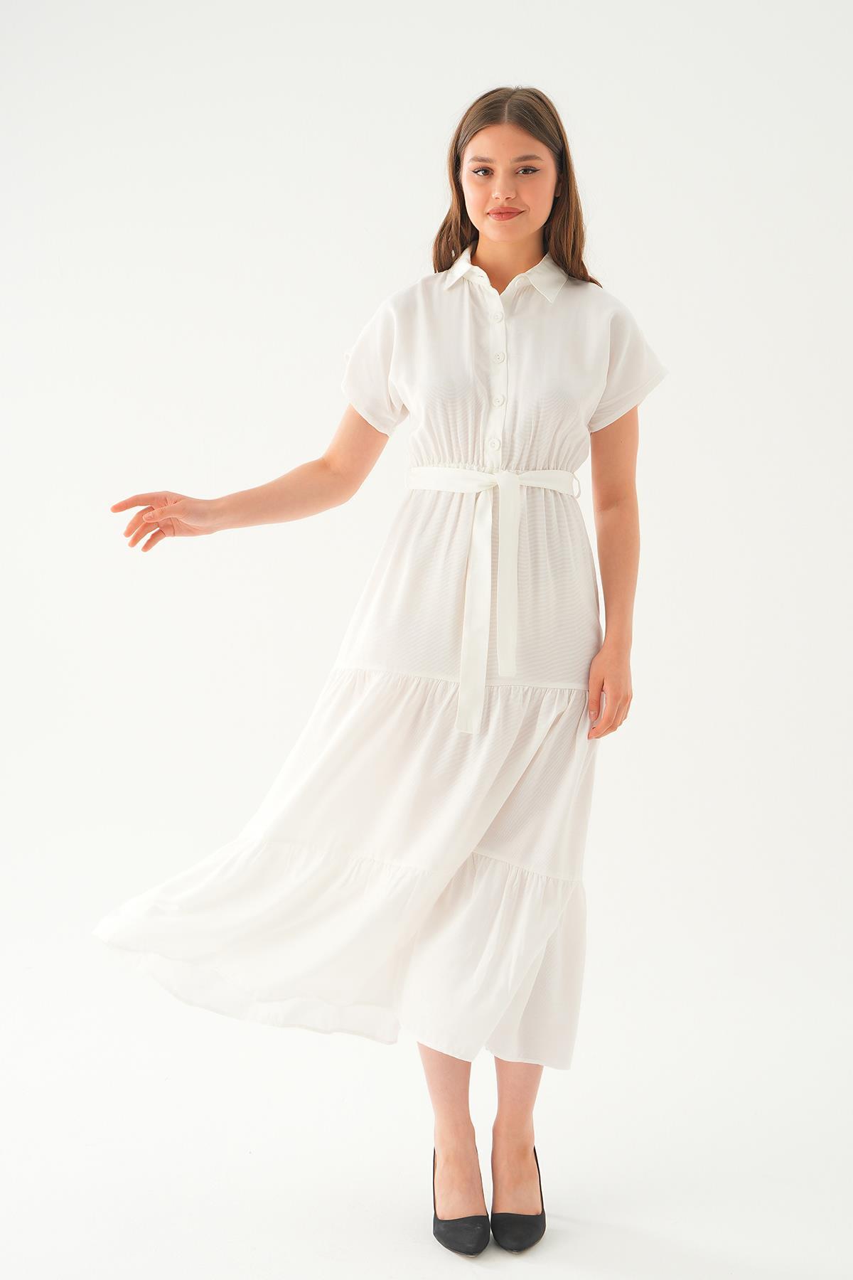 2630 Bel Kuşak Detay Uzun Elbise Beyaz - 2