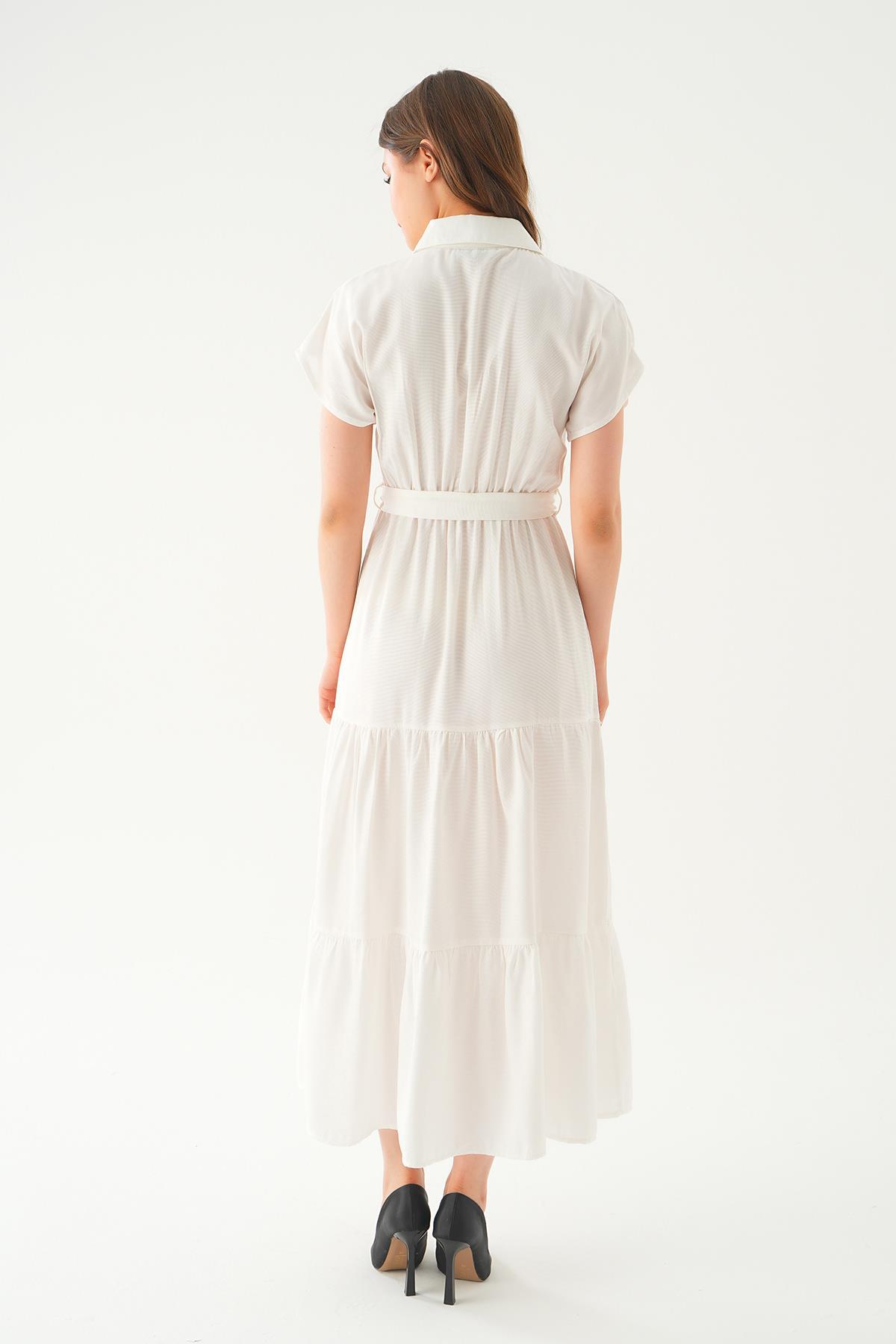 Beyaz Bel Kuşak Detay Uzun Elbise 2630 - 4